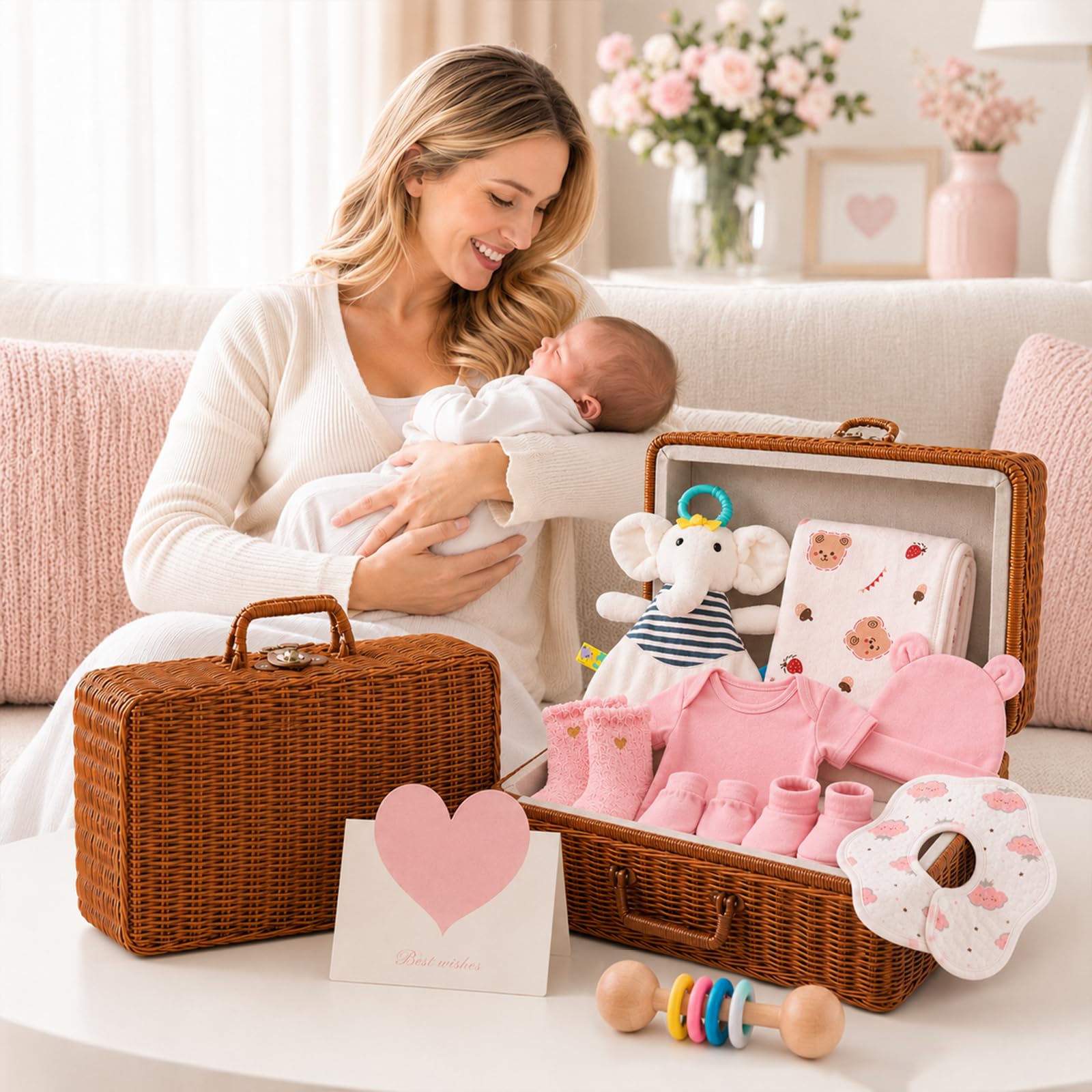 Regalo Neonata Femmina Regali Nascita Bimba 9 in1 Regali Baby Shower | Confezione Regalo Neonato Set Nascita Neonato Regali Gender Reveal Party Tutina Bavaglino Lenzuolo Avvolgente Cappello Guanti
