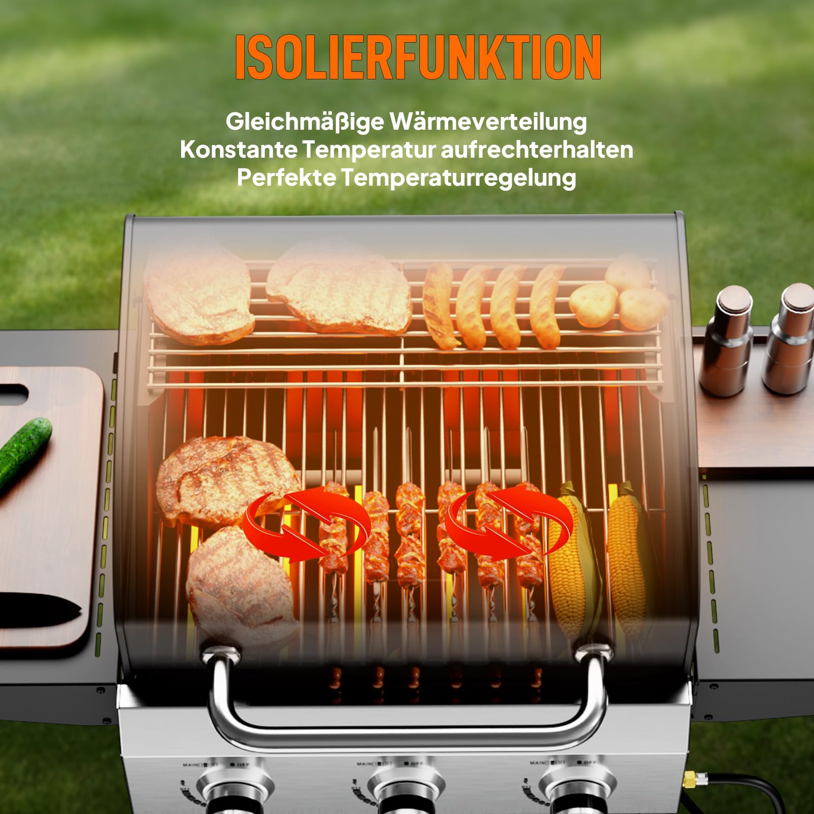 ROVSUN Gasgrill Camping mit 3 Brennern, Camping Gasgrill 10,5 kW, Grillwagen mit Deckel & 2 Seitenablagen, Gas Grill (3 Brennner, 117x40x140 cm)