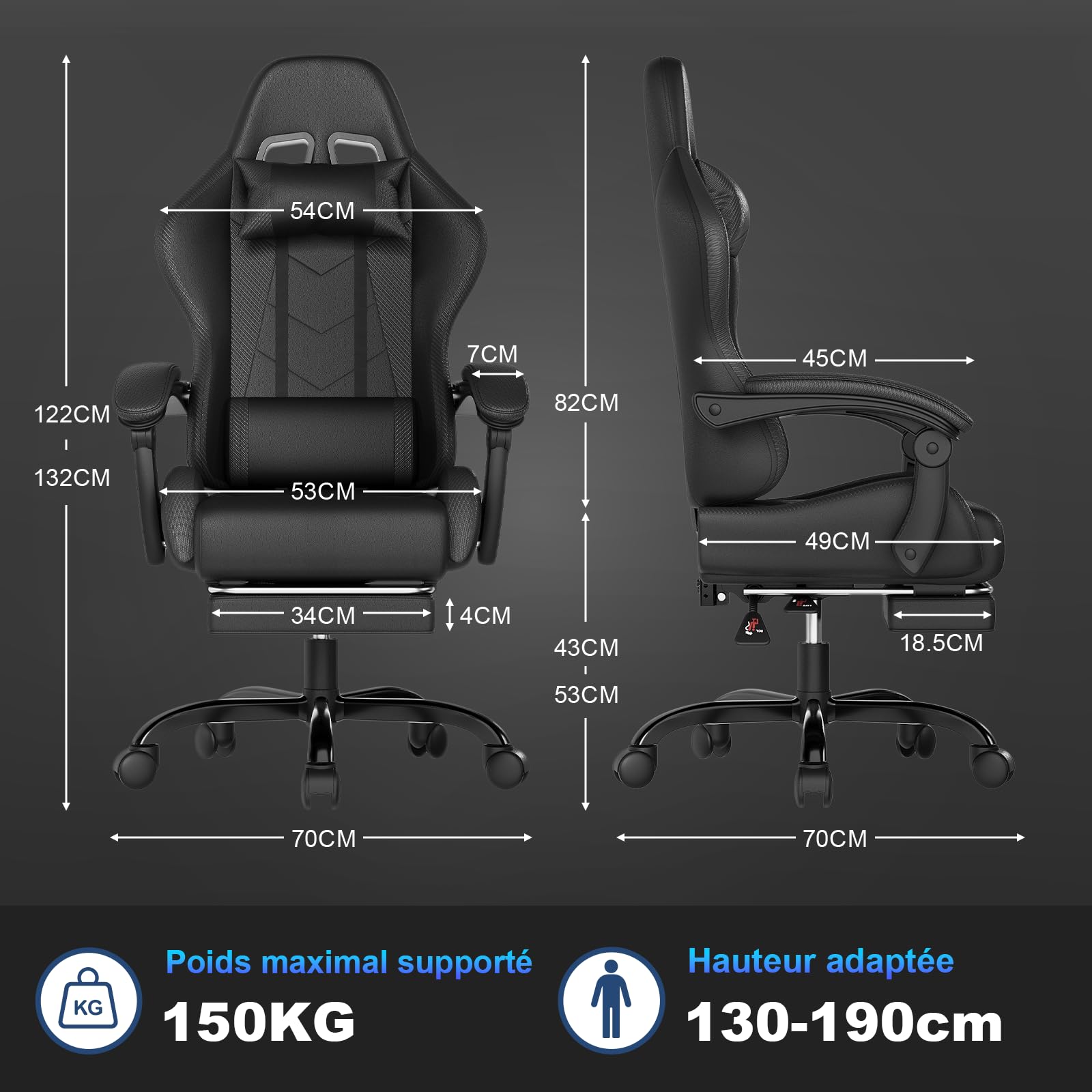 JUMMICO Chaise de gaming ergonomique avec coussin lombaire de massage - Dossier réglable de 90 à 135 ° et repose-pieds - Charge maximale : 150 kg - Noir