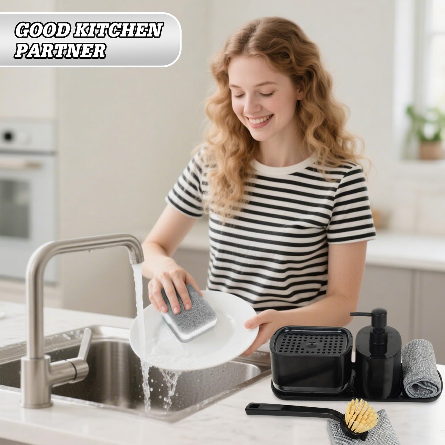 Dosificador Jabon Cocina, Juego de Organizador de Cocina Negro con Trapo, Cepillos y Esponja, Organizador de Fregadero Detergente Recargable, Caja de Almacenamiento de Fregadero de Jabón Líquido