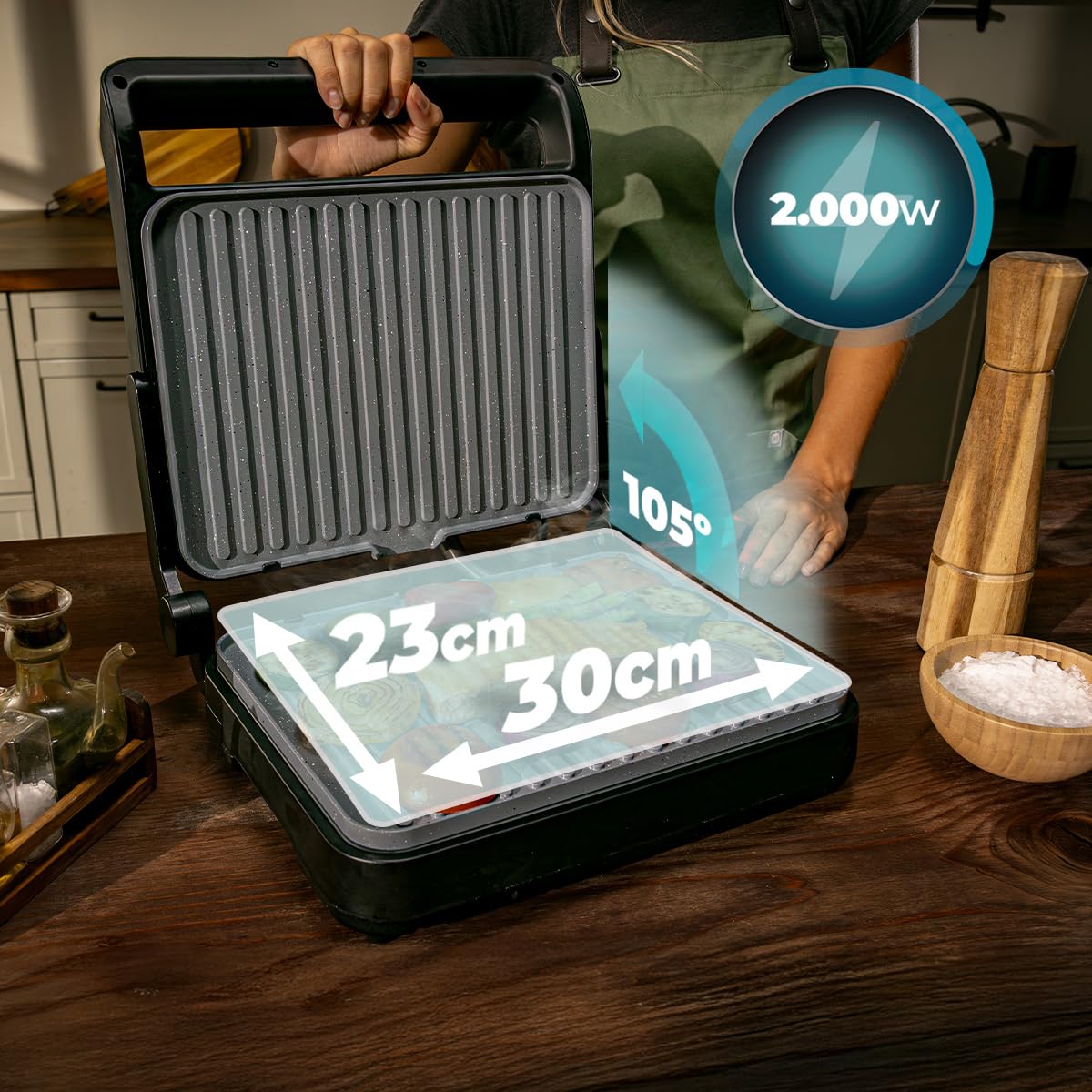 Cecotec Elektrogrill Rock'nGrill 2000 PerfectCook. 2000 W, Temperaturfühler, Touch-Steuerung, Dual-Temp, Öffnung 105 °C, Fettauffang, abnehmbare Platten, 30x23 cm, Edelstahl