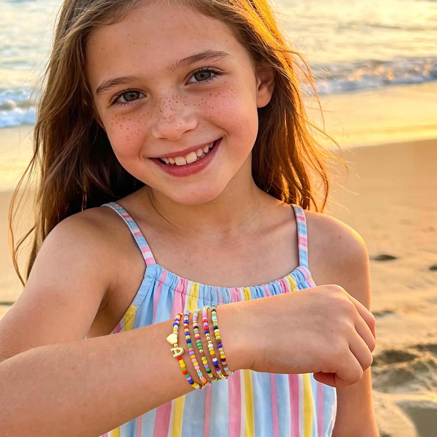 M MOOHAM Valentines Gifts for Kids Girls Her - 5PCS Colorful Beaded Bracelets for Girls, Cute Heart Initial Bracelet Stretch Stackable Bracelets Jewelry Set Valentines Gifts for Kids Teen Girl Women - Image 3