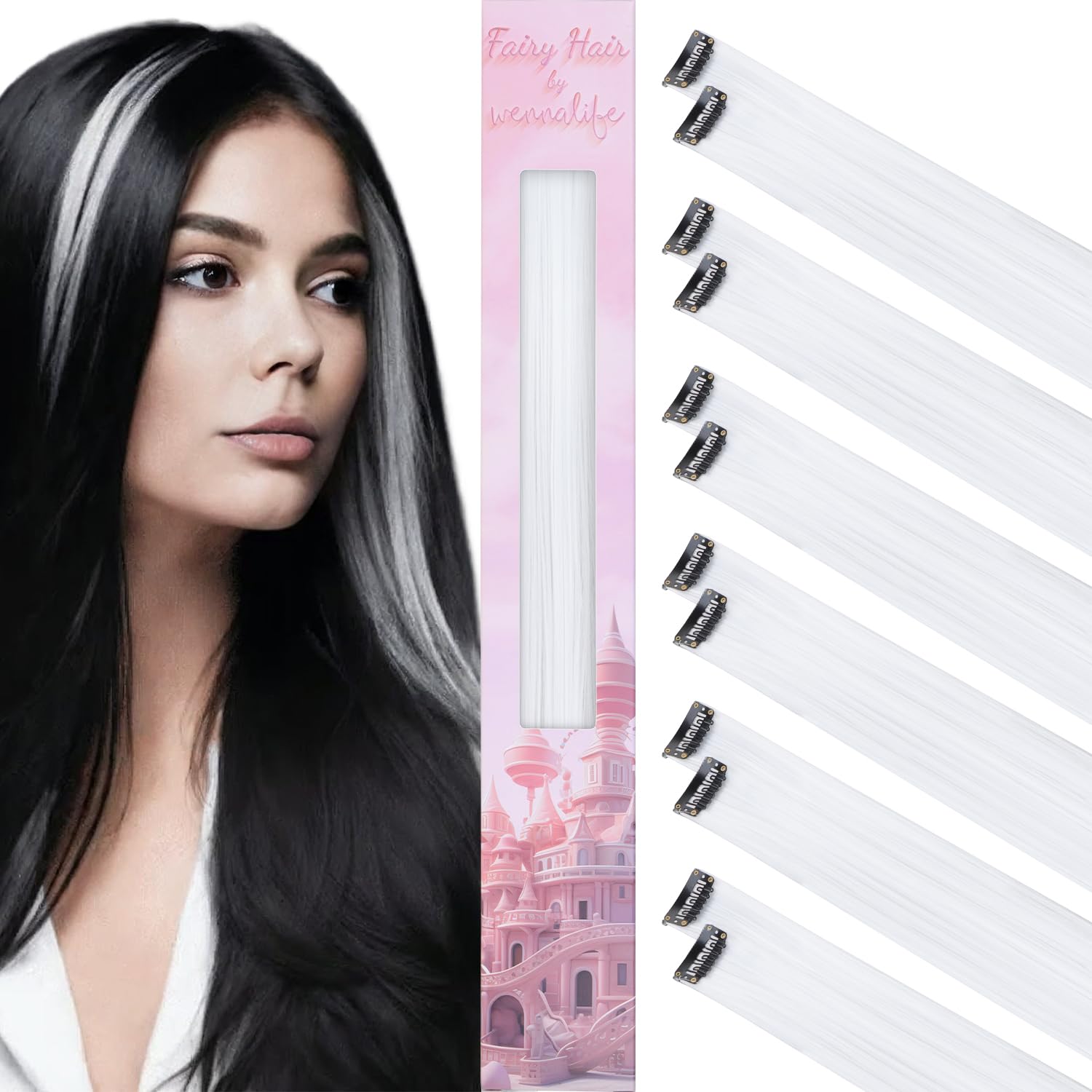 WENNALIFE 12 Piezas Blanco Extensiones de Clip de Pelo, Colorido Extensiones de Cabello Pelo Postizo Mechas de Colorido Extensiones Clip Mechas Pelo Lacio para Niñas Mujeres Trenzas Cosplay Fiesta