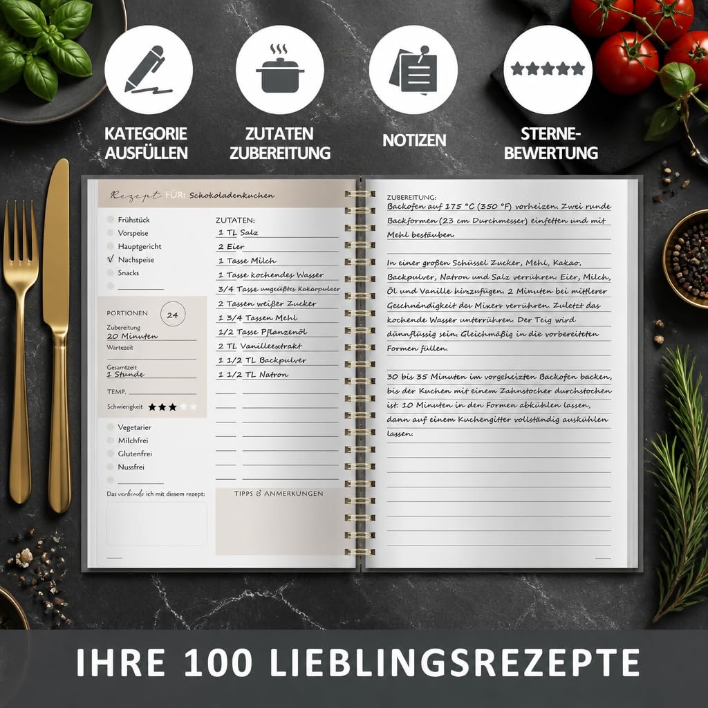 BIROYAL Rezeptbuch zum Selberschreiben A5, Spiralbindung Kochbuch Selbst Schreiben, Rezeptbuch für 100 Lieblingsrezepte, Kochbuch zum Selberschreiben, Recipe Book Schreiben, Rezepte Buch zum Ausfüllen