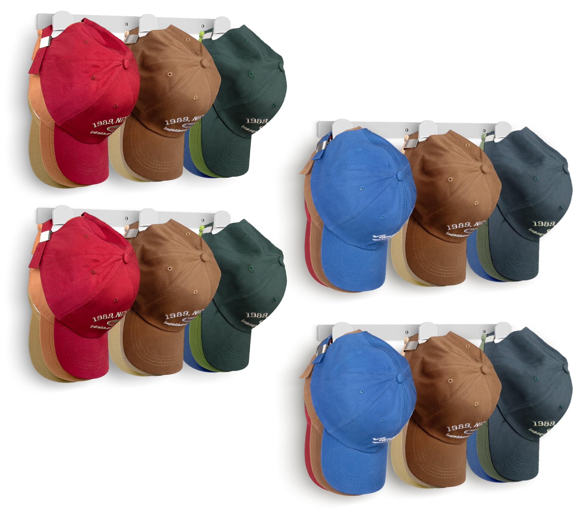 KIMBORA 4 Packs Hat Rack for Wall, Hat Organizer for Baseball Caps Holds 36 pcs, 3 Mounting Options Cap Hook Hanger, Strong Snapback Holder Storage