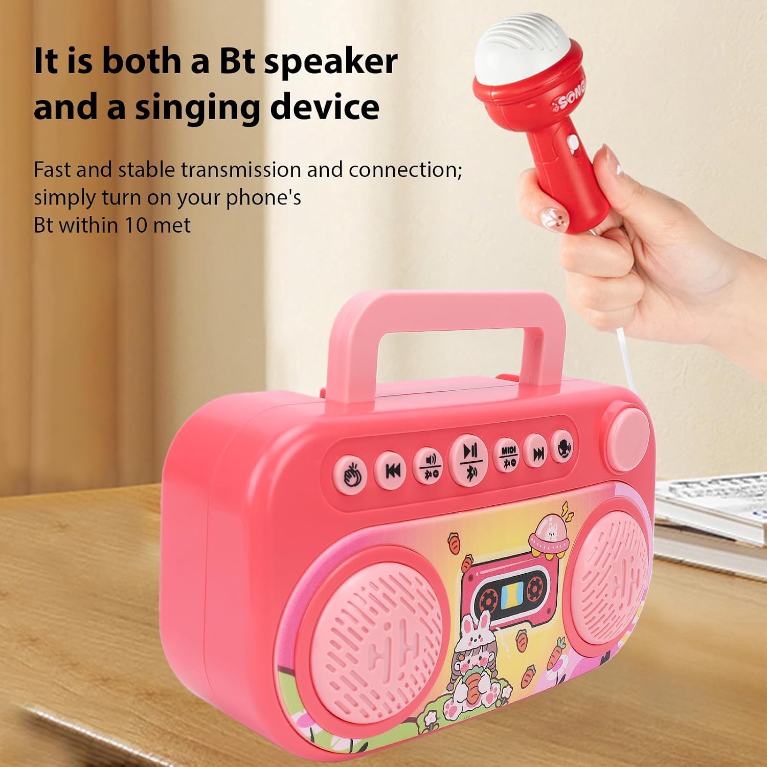Karaoke Machine for Kids, Portable Speaker with 2 Built in Microphones and Voice Changing Effects, for Indoor Entertainment and Musical Play (Pinkish)