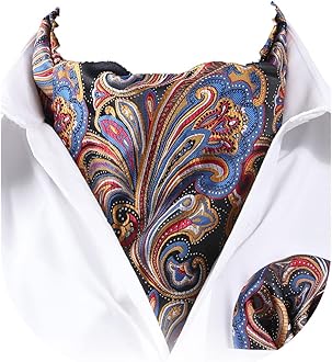 Men's Cravat Ascot Ties Paisley Jacquard Woven Floral Luxury Ascot Scarf Tie and Handkerchief Set, C-navy Blue & Orange, One size