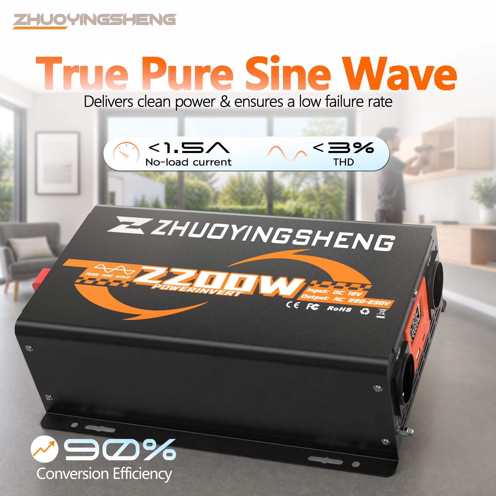 ZYS 2200W Convertisseur 12v 220v Pur Sinus ，Transformateur，Onduleur Pur Sinus，avec télécommande，LCD，2 Prises EU，1Ports USB，1 Interface PD30W Type-C，per Camions，VéHicules， Camping