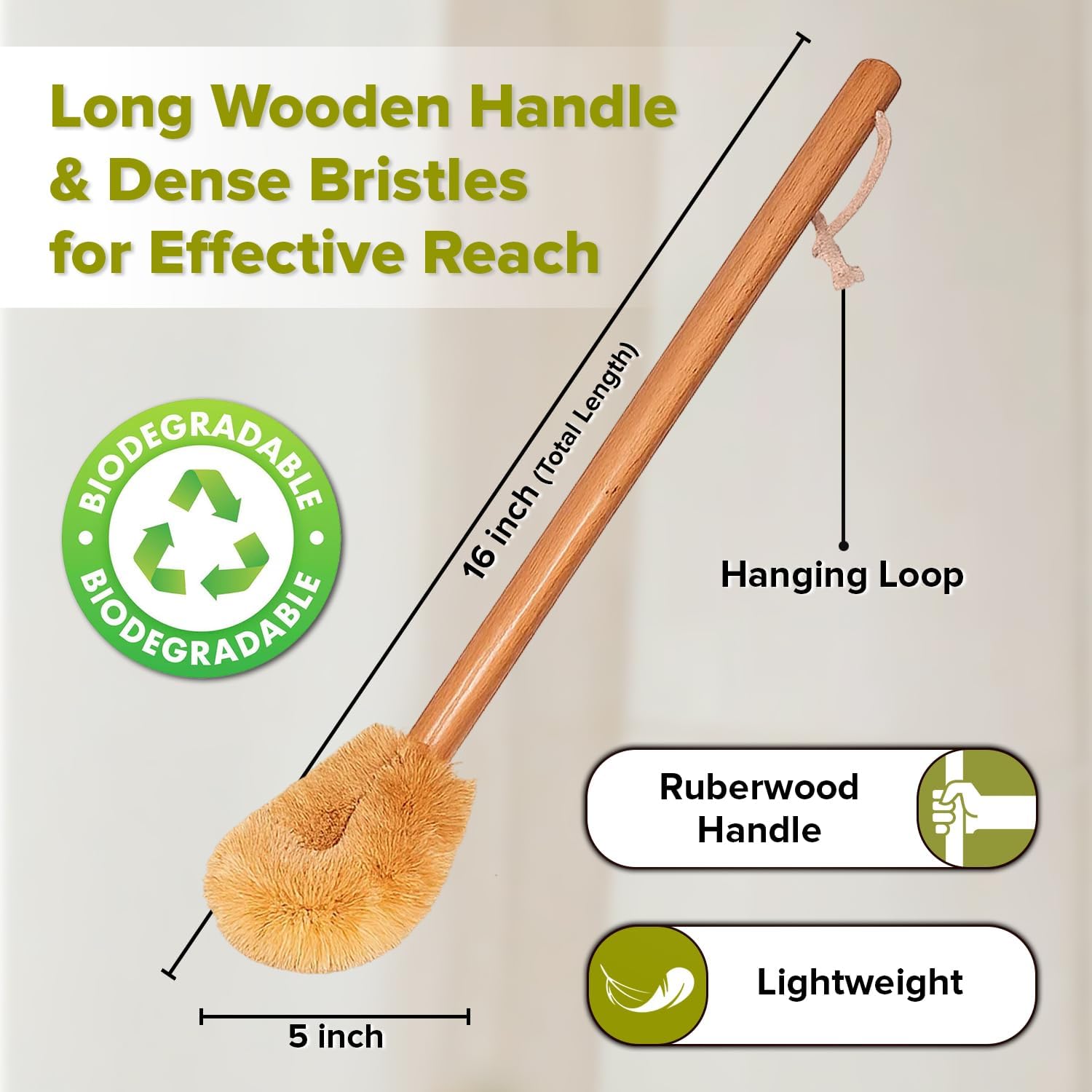 Eco-Friendly Wooden Toilet Cleaning Brush - Zero-Waste Toilet Bowl Brush, Biodegradable, Coconut Fiber Bristles, Rubberwood