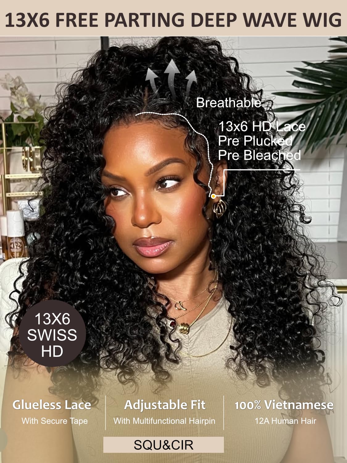 SQU&CIR Deep Wave Lace Front Human Hair Glueless Wig 200% Density 13x6 HD Transparent Deep Curly Wigs for Women Pre Plucked Hairline Pre Bleached 30S Ready to Wear Go Deep Wave Beginners Wig 32Inch