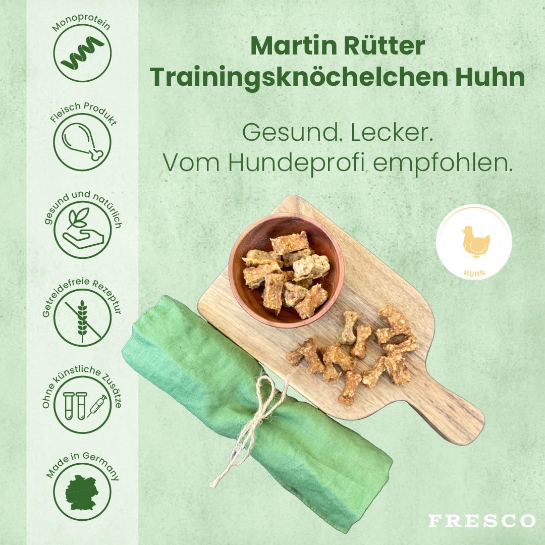 FRESCO Dog Martin Rütter Trainingsknöchelchen Huhn 1kg | Hundeleckerli getreidefrei & zuckerfrei mit 92% Frischfleisch | Geruchs- & fettarm | Gesunde Hunde Leckerlis fürs Hundetraining