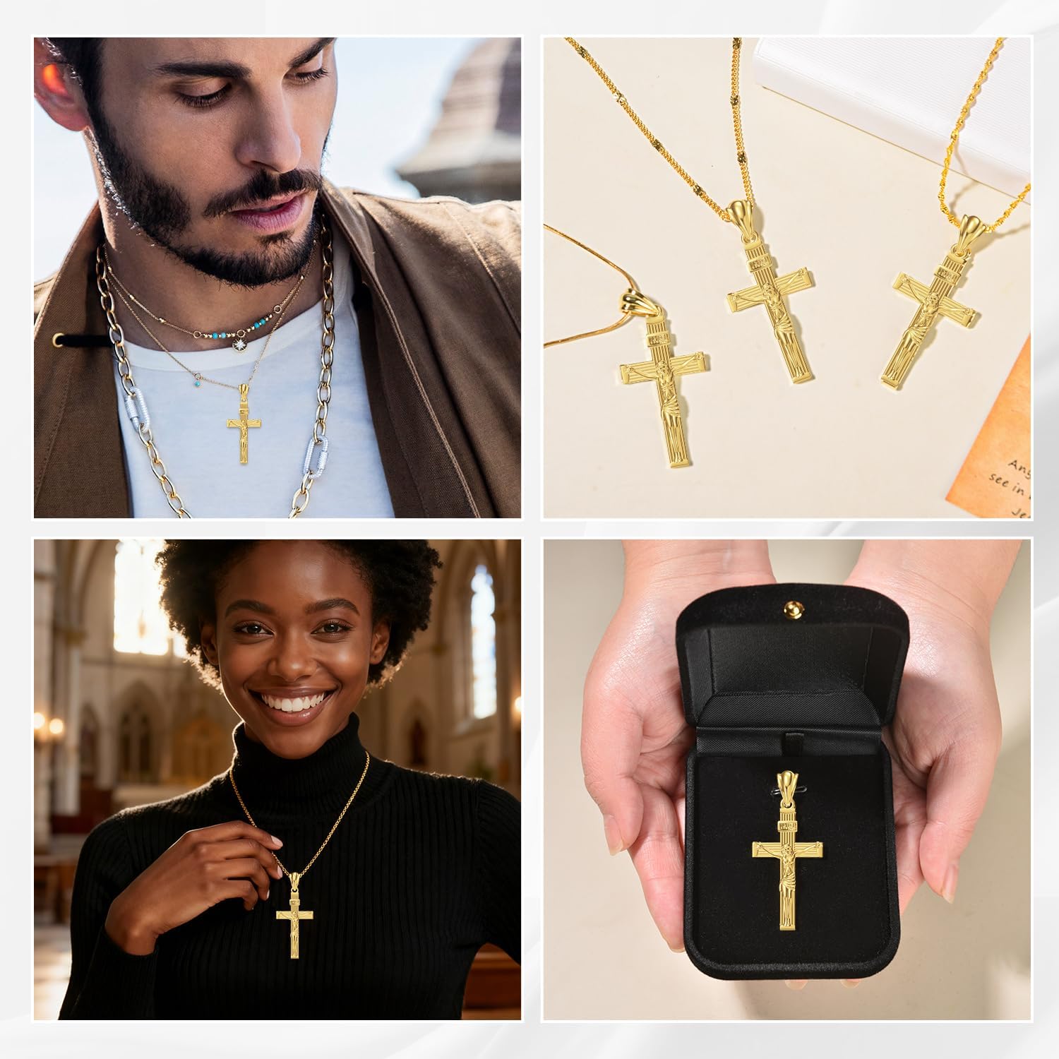 14K Gold Cross Necklaces Pendant for Men & Women, Solid Crucifix Cross Jewelry Charms for Husband, Wife Thin, Gender-Inclusive Cross Necklace Charm (A) - Image 5