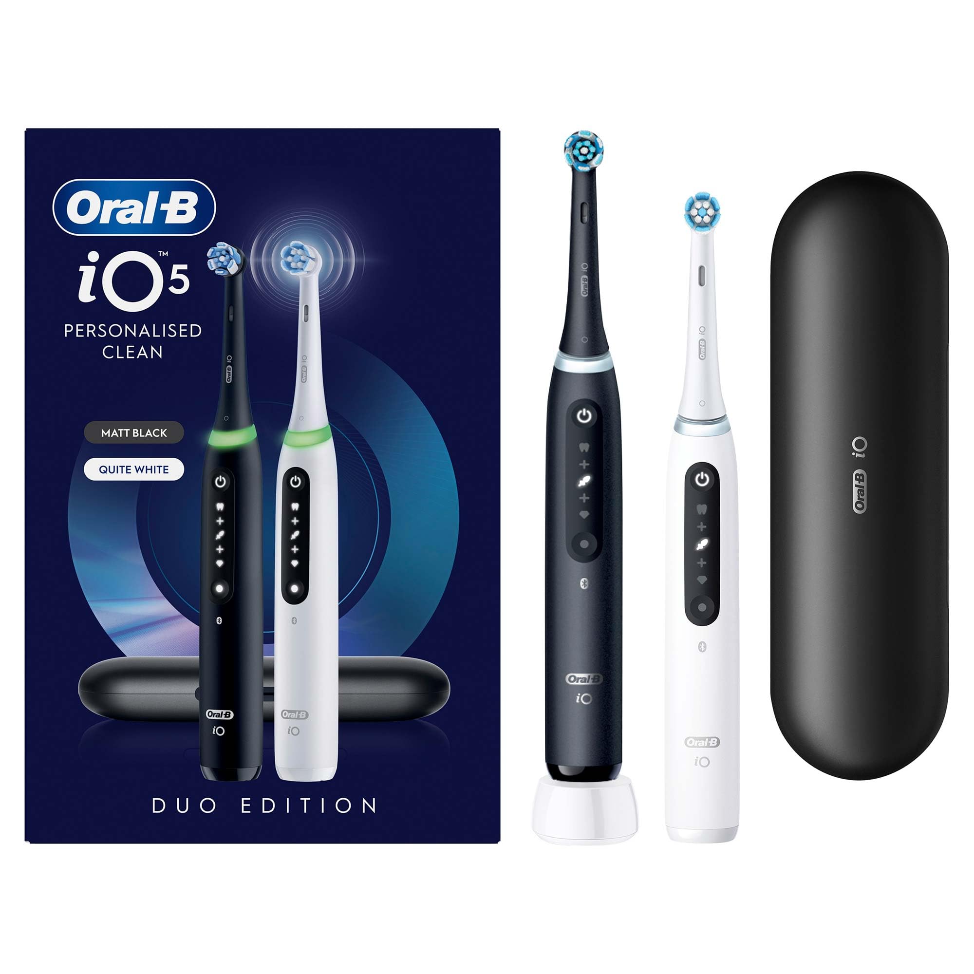 Oral-B iO5 Şarjlı/Elektrikli Diş Fırçası, 2'li Set, Mat Siyah & Beyaz, 2 Fırça Başlığı, Uzun Ömürlü Pil, Premium Seyahat Kabı