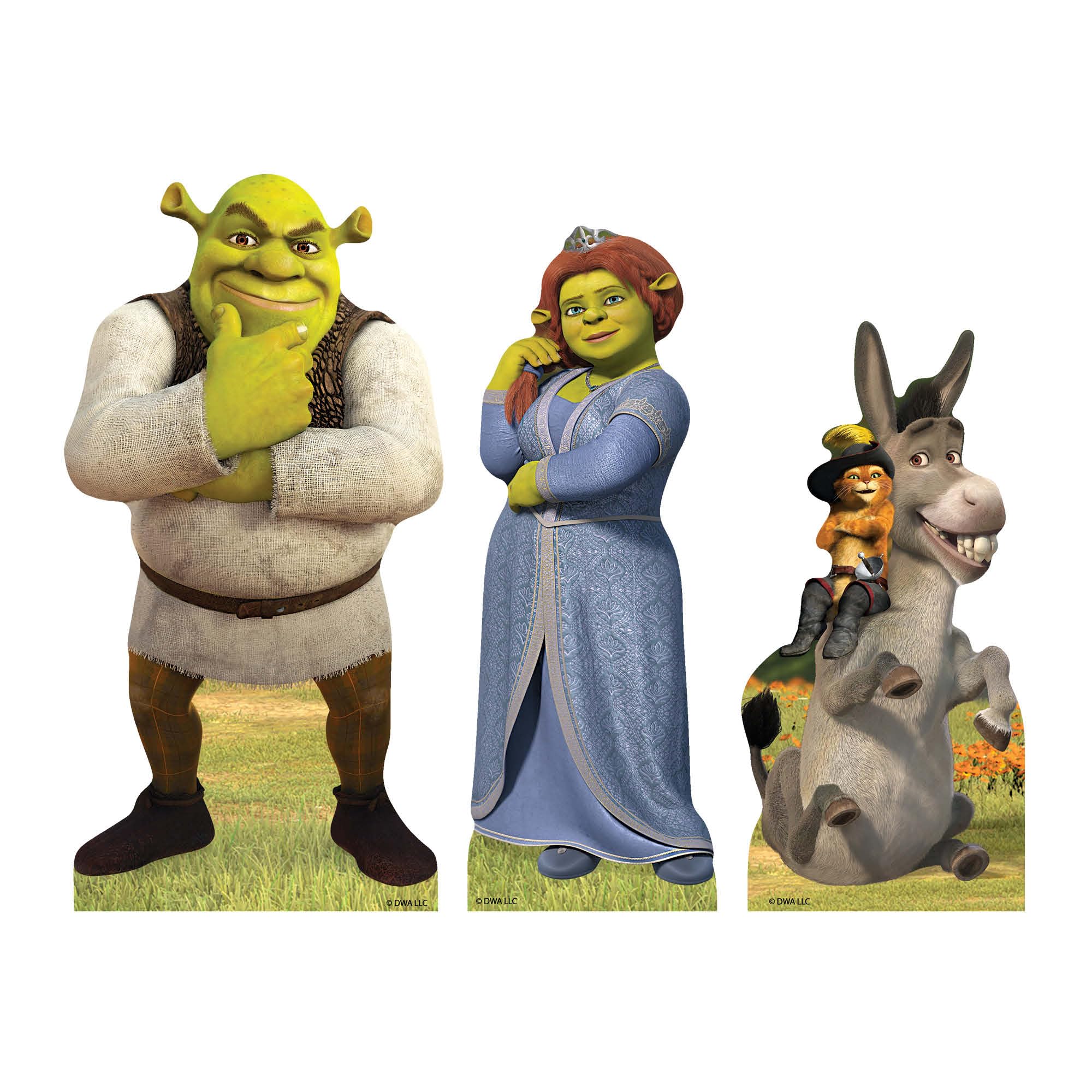 Star Cutouts SC4734 Shrek, Fiona, Donkey & Puss in Boots Shelf Top Pack 29cm – Shrek Party Decorations, Table Display & Fan Set