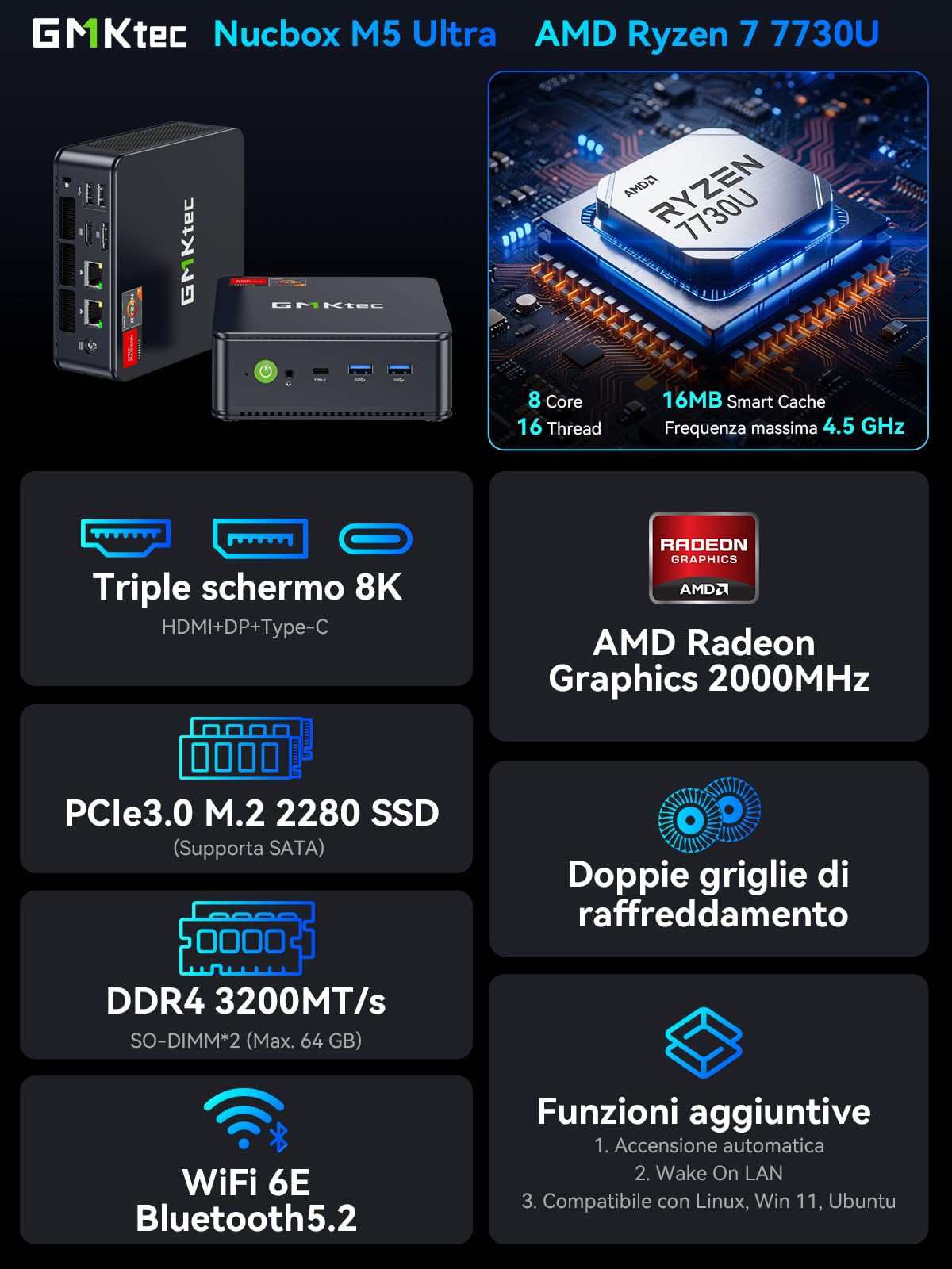 GMKtec [3 anni di copertura AMD Mini PC Ryzen 7 7730U (beats 7430U/5825U) (8C/16T fino 4,5 GHz) M5 Ultra Micro PC 32GB DDR4 512GB M.2 SSD, con Dual 2.5G LAN|WiFi6E|Triplo Display 4K|USB C per Gaming