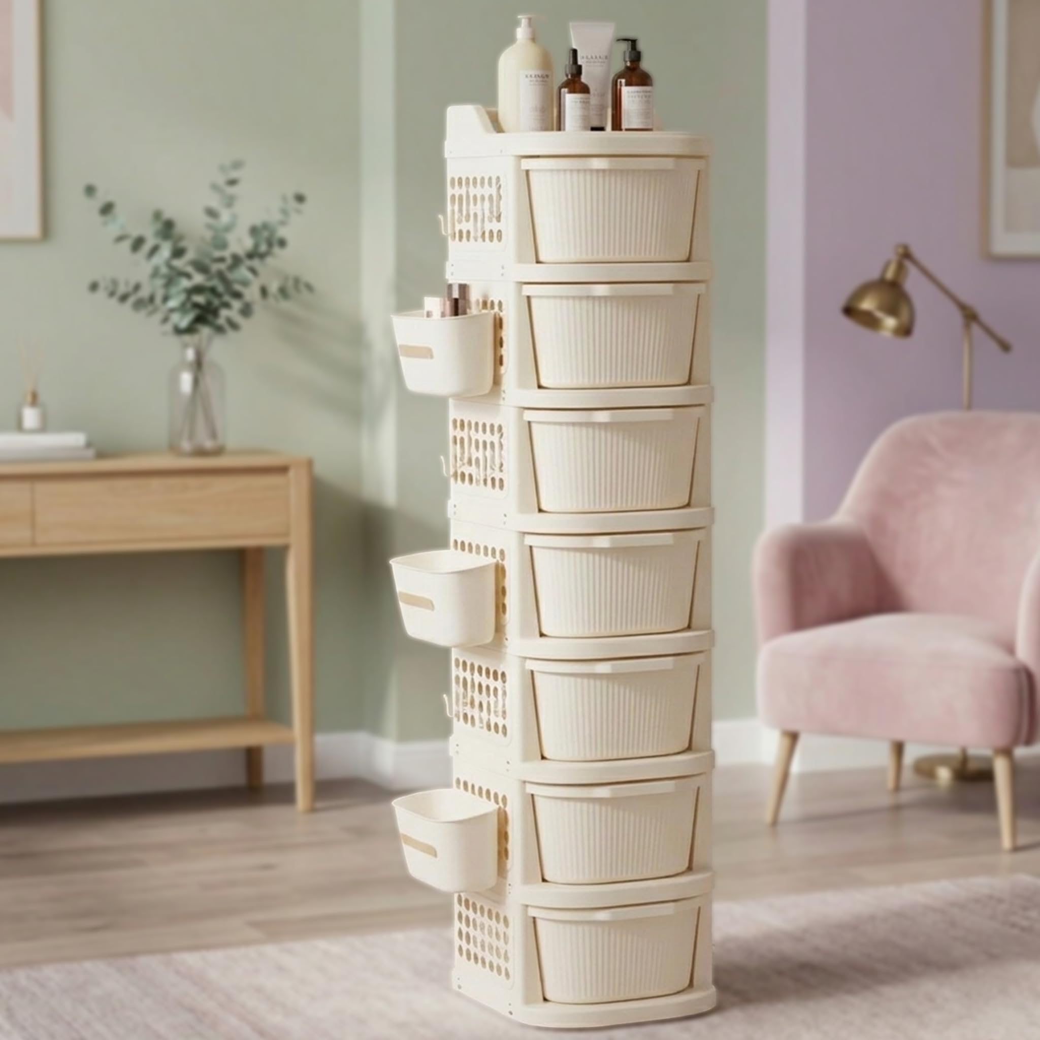 TEX-RO 7 Layer Plastic Drawer Cabinet with Wheels & Side Hooks | Stackable Storage Trolley Organiser for Kitchen, Bedroom, Bathroom | Multipurpose Drawers Organisers Rack with Basket - Ivory
