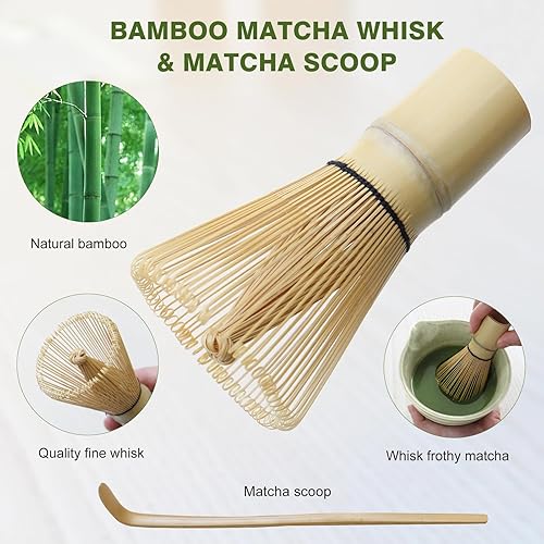Miniatura 4 de Juego de batidor de matcha, el juego de té japonés incluye cuenco de matcha con boquilla, batidor de matcha y soporte, cuchara de bambú, kit de 4