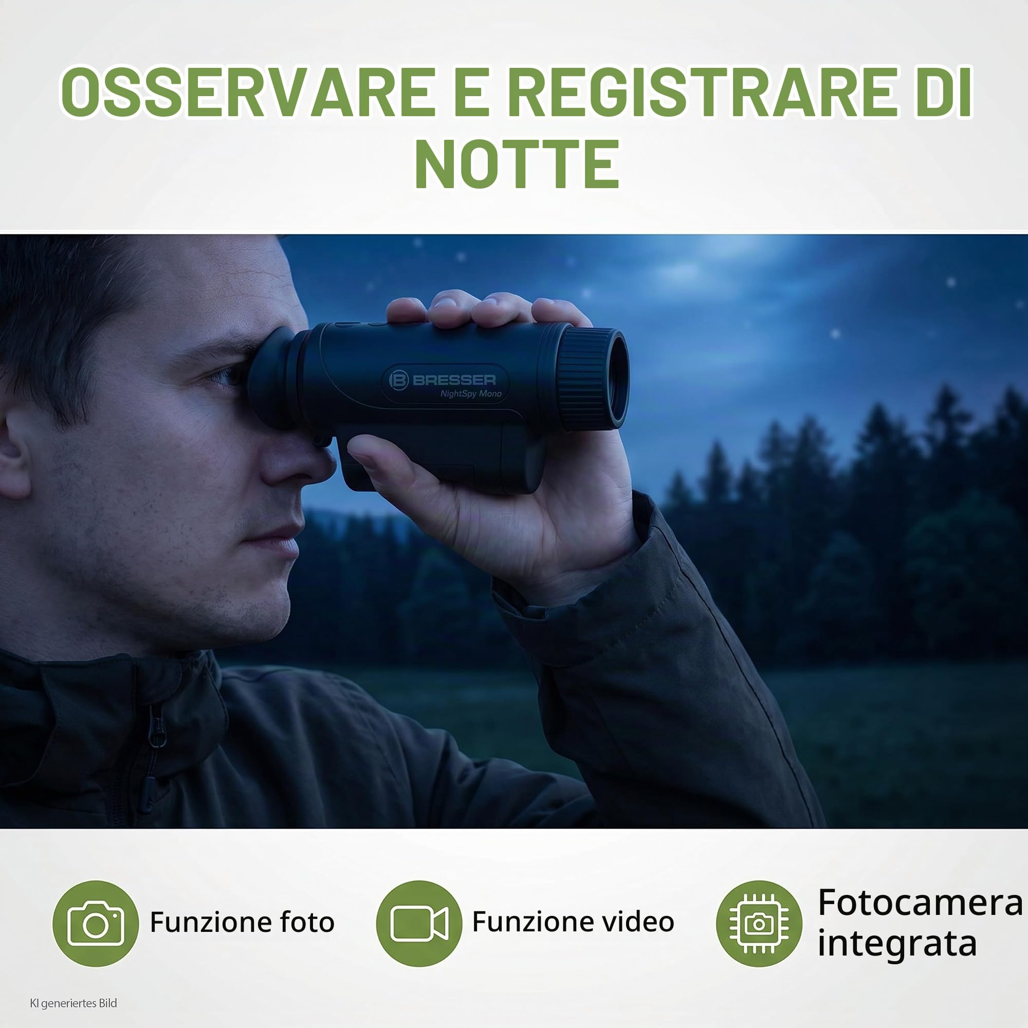 Bresser NightSpy Mono - Dispositivo di visione notturna digitale con illuminazione a infrarossi e fotocamera | ingrandimento ottico 2x, portata di visione notturna 100 m, batteria e custodia inclusa
