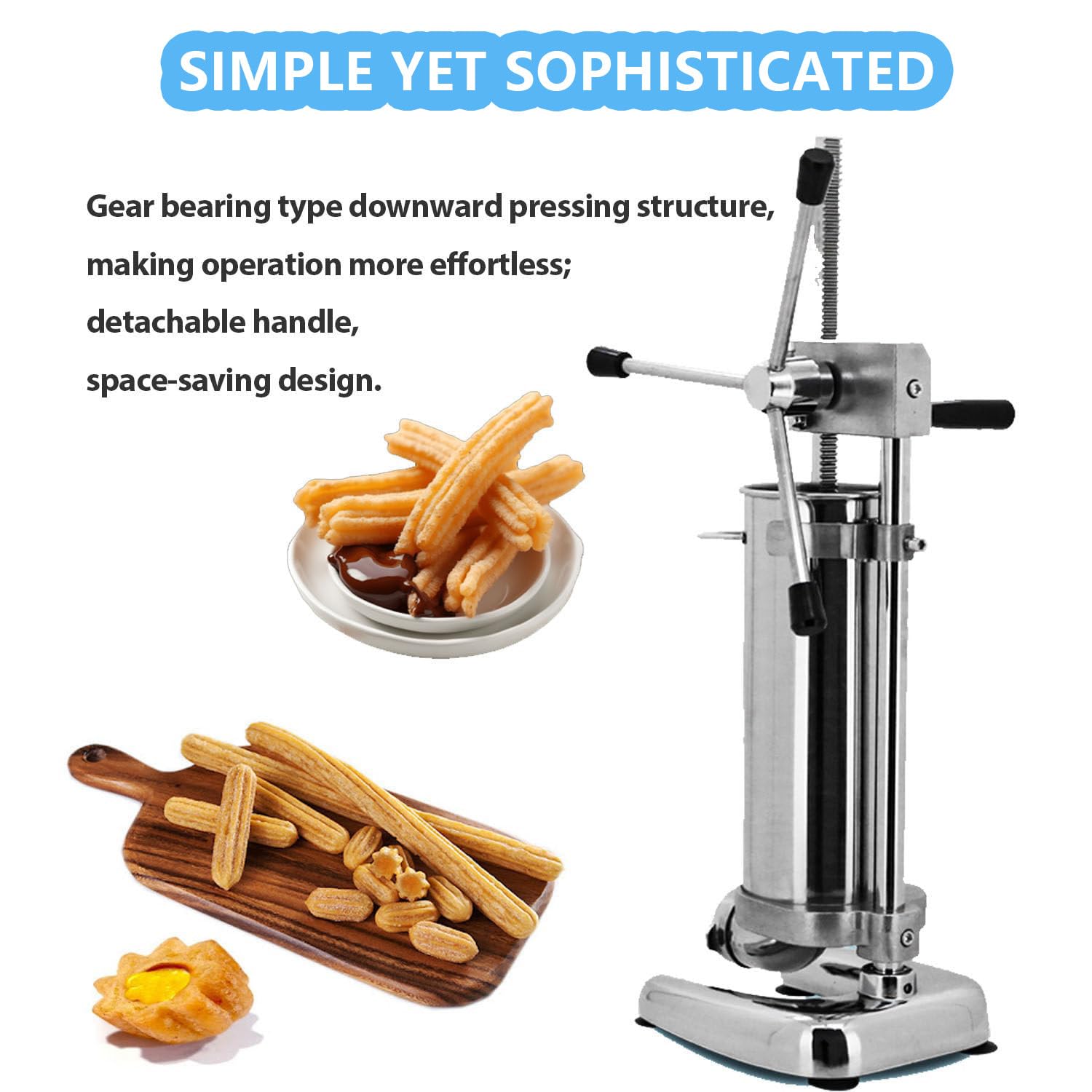 Churro comercial - Churrera española de acero inoxidable con 5 moldes, máquina de llenado vertical para panaderías, cafeterías y restaurantes, capacidad de 3 litros