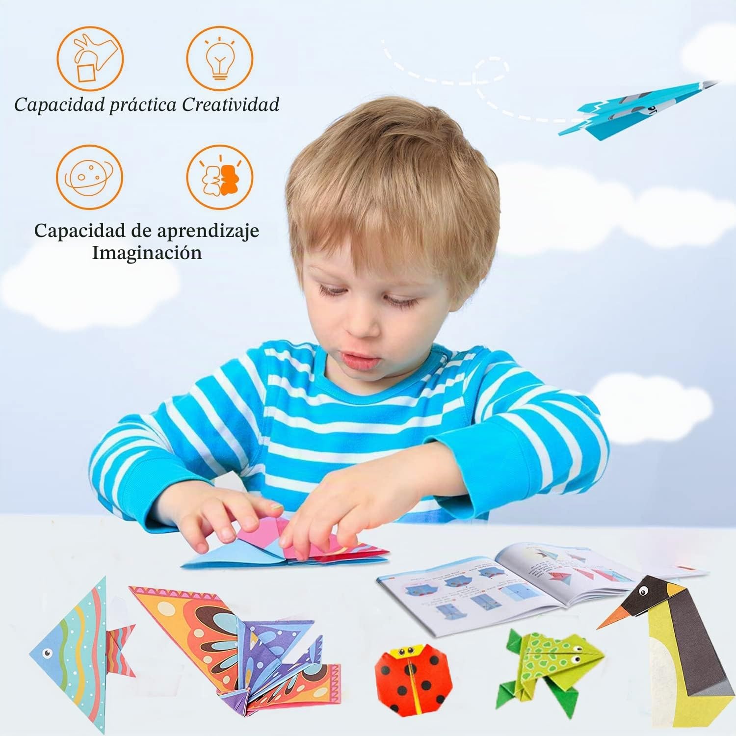 Kit de Origami 108 Hojas 14x14 cm Papel Doble Cara Vívido con Libro en Inglés para Principiantes