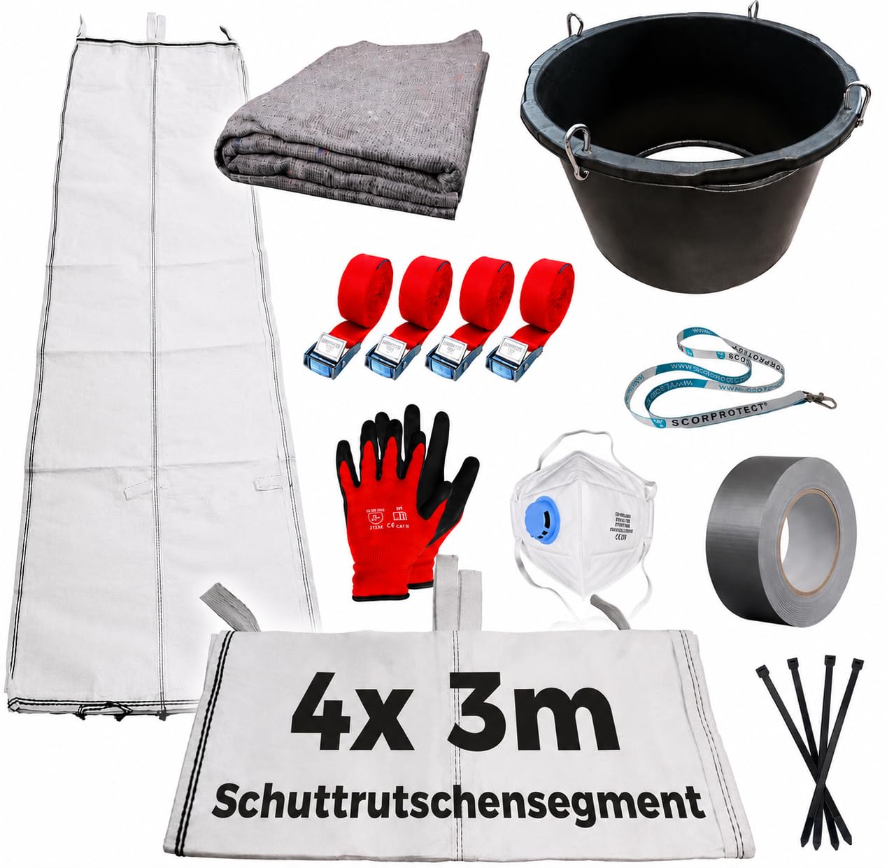 Scorprotect® Schuttrutsche Bauschuttrutsche 12 m flexibel mit Einfülltrichter, Packdecke und Zubehör