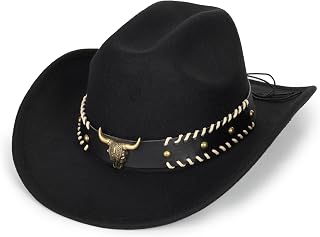 Western-Cowboy-Hats for Women Men - Classic Wide Brim Felt Fedora Unisex Upturn Bull Head Cowgirl Caps with Buckle Belt