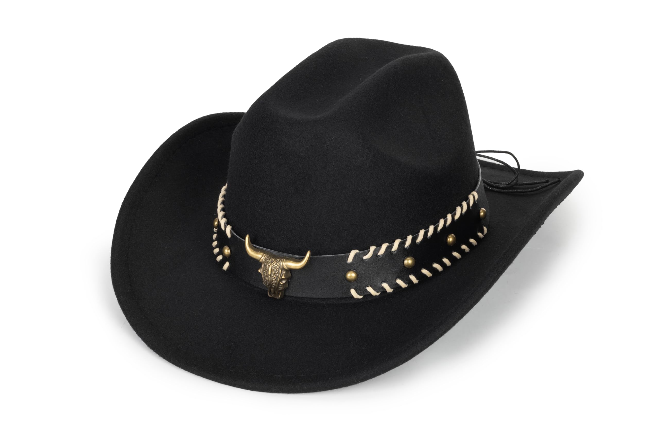 Western-Cowboy-Hats for Women Men - Classic Wide Brim Felt Fedora Unisex Upturn Bull Head Cowgirl Caps with Buckle Belt