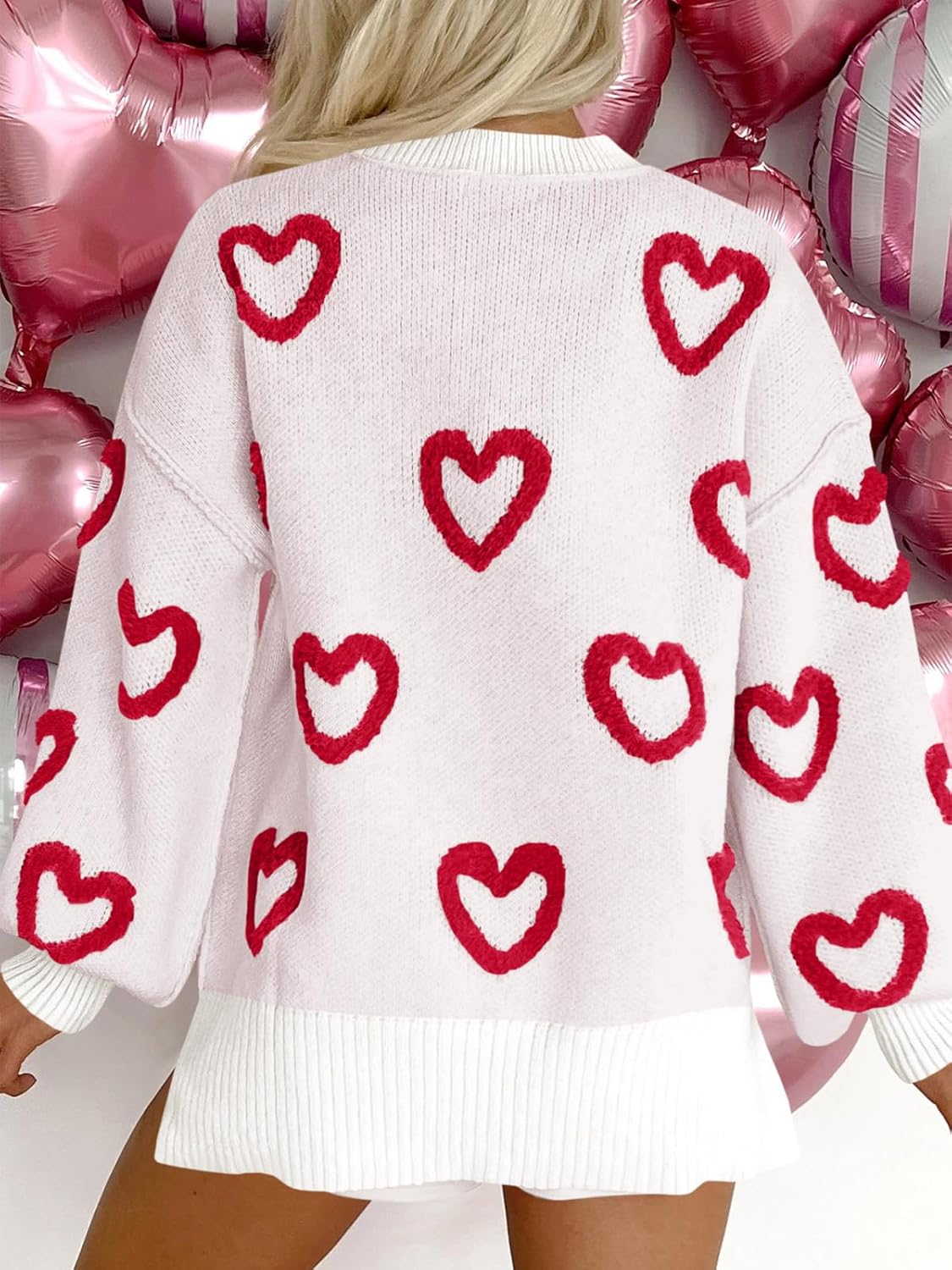 Saodimallsu Womens Heart Sweater Valentines Oversized Cute Winter Chunky Knit Crew Neck Side Slit Pullover Sweaters - Image 5