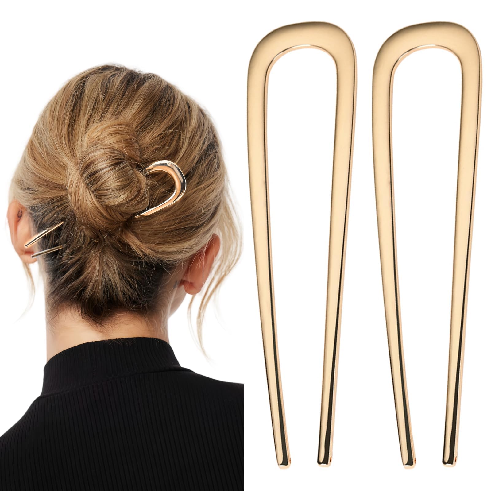 COOLive Metal French Hair Pins, Gold U-Shaped Pins for Women Girls, Buns, Twist, Hair Sticks, Hair Fork - 2 Pcs