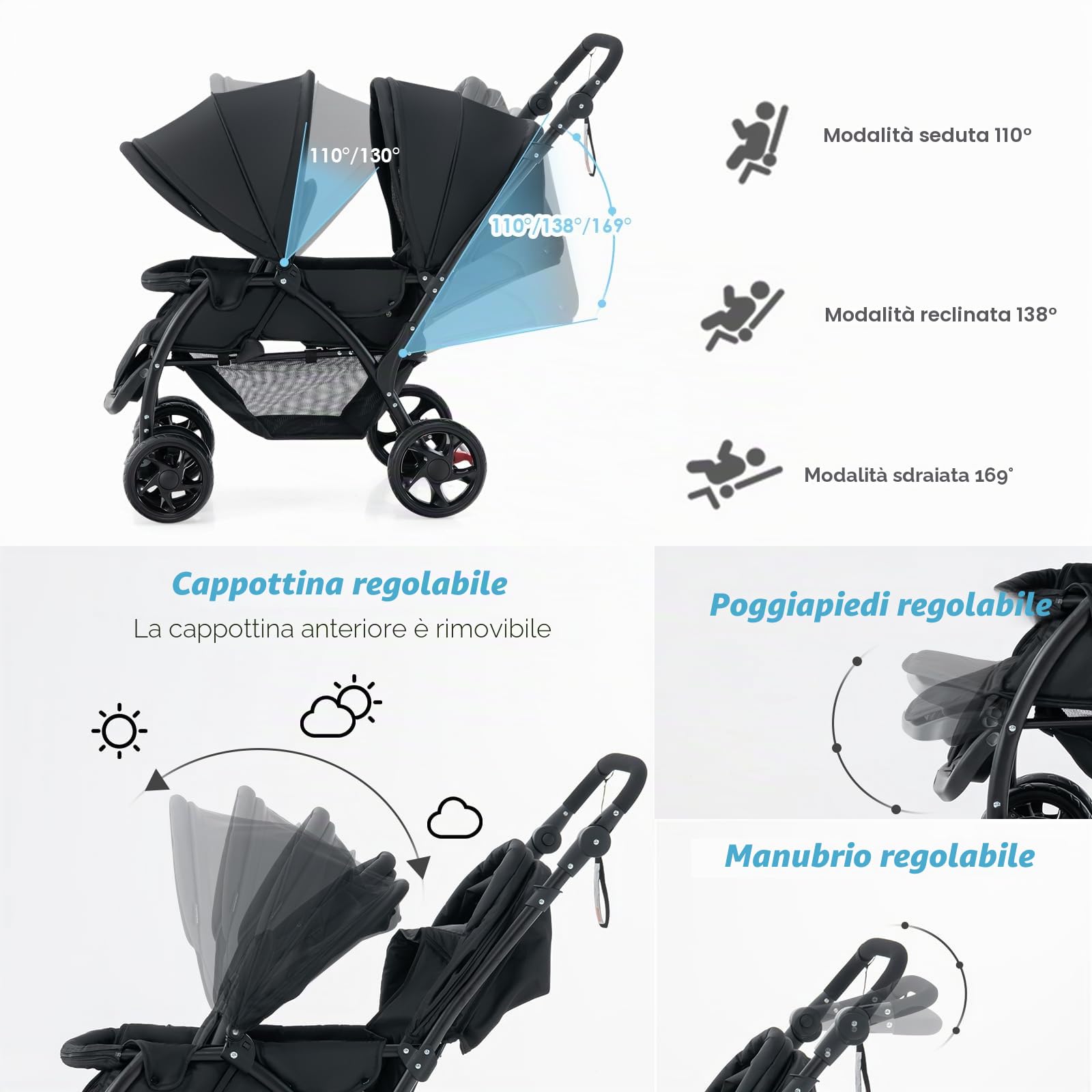 LIFEZEAL Passeggino Gemellare, Doppio, Carrozzina per Bambini, Passeggino da Viaggio, Leggero, Pieghevole, Compatto, Regolabile, Portatile, Reclinabile, Comodo, Max 30 kg, 123x57x95-110 cm (nero)