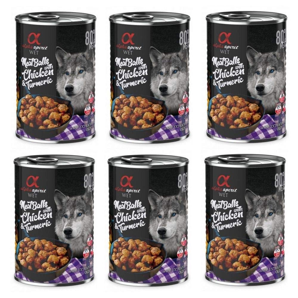 ALPHA SPIRIT - Comida Húmeda para Perros de Pollo y Cúrcuma en ALBONDIGAS. Pack de 6 Unidades. 400 gr Cada Lata | ANIMALUJOS Marca: ALPHA SPIRIT