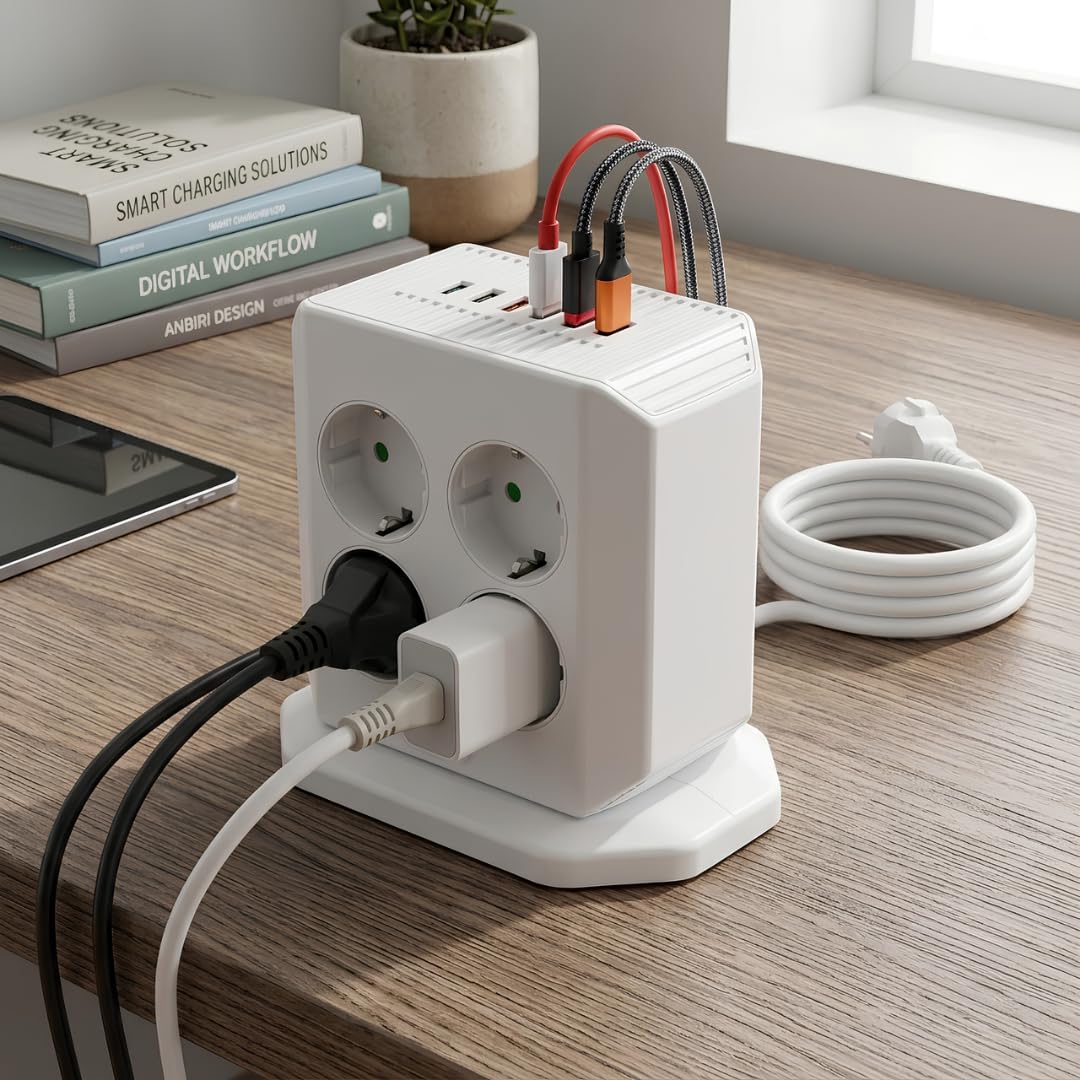 Jouis Dik Priz Kulesi Vertical Smart Power Socket - Akım Korumalı, 2500W Çoklu Priz Çoklayıcı, 8 EU Priz Girişi ve 4 USB ve 2 Type-C Portlu, 2M Kablo, Aşırı Yük Korumalı Grup Priz