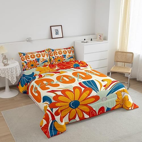 Miniatura 2 de Groovy - Juego de edredón de flores tamaño matrimonial, juego de ropa de cama vintage de flores de grafiti naranja para niños y niñas, juego de