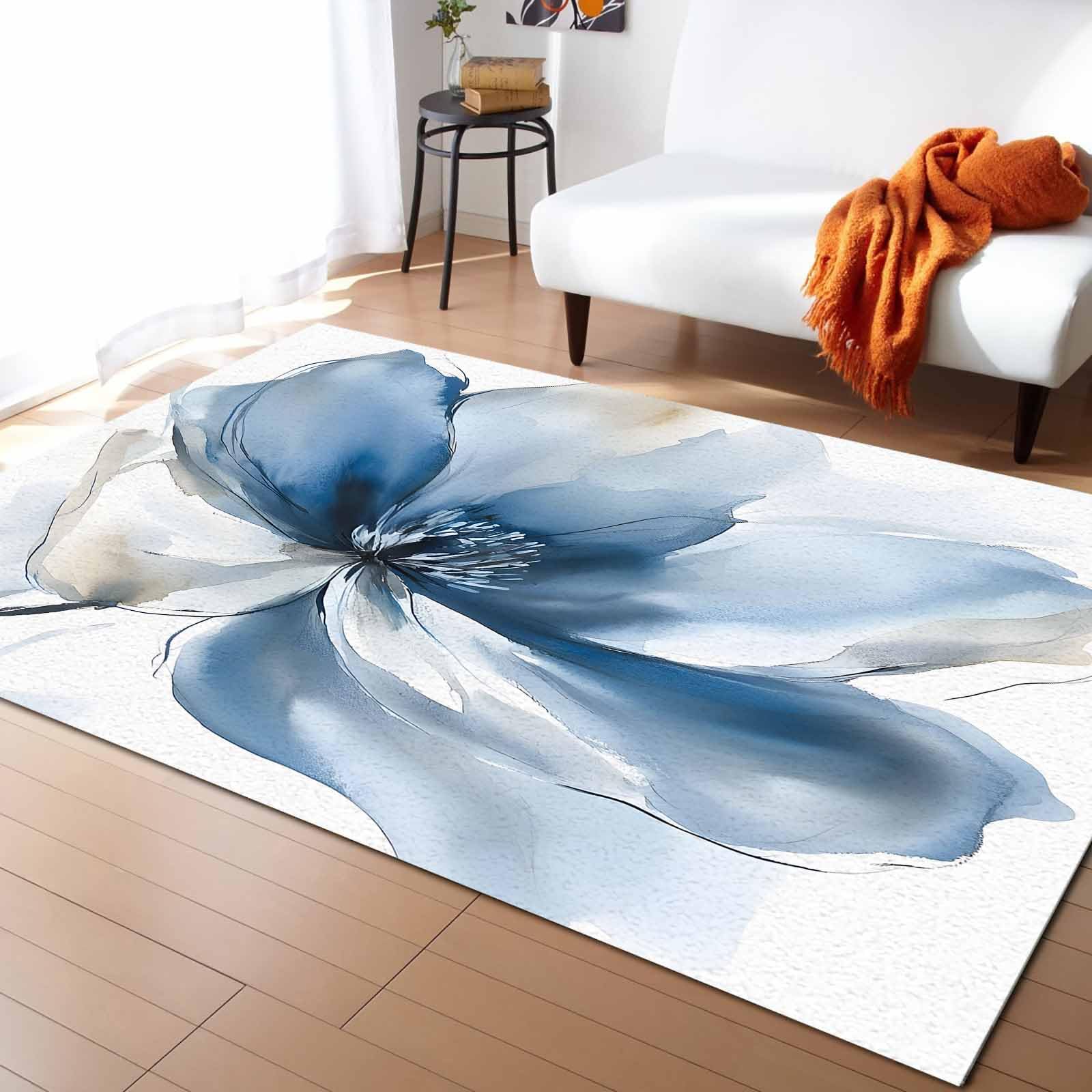 Area Rugs Spring Floral Watercolor White Blue Flower Botanical Petals Non-Slip Washable Rug Indoor Rug Floor Mats Non Shedding Carpet for Living Room