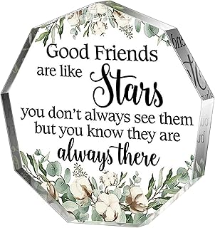 Inspirational Friendship Gifts for Best Friend, Woman Man Birthday Graduation Gifts, Polygon Acrylic Plaque with Flowers, Good Friends are Like Stars