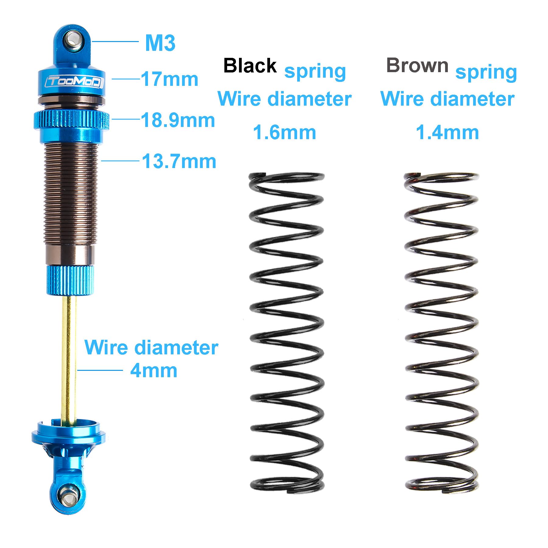 TOOMOD 90mm RC Oil Shock Absorber Big Bore Damper for 1/10 Slash,Stampede,Rustler, Hoss,Bandit, Ford, Vorteks,etc. Parts Upgrade Replace 2Pcs(Blue)