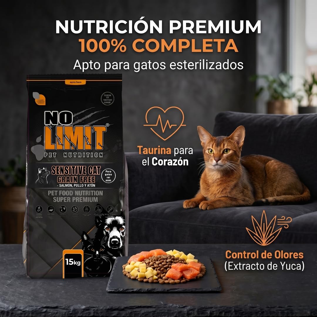 NO Limit Sensitive Cat Pienso Gato Sin Cereales – Salmón, Pollo y Atún Grain Free – Comida para Gatos con Digestión Sensible – Cat Food Premium con Omega 3, Probióticos y Soporte Articular - 15KG