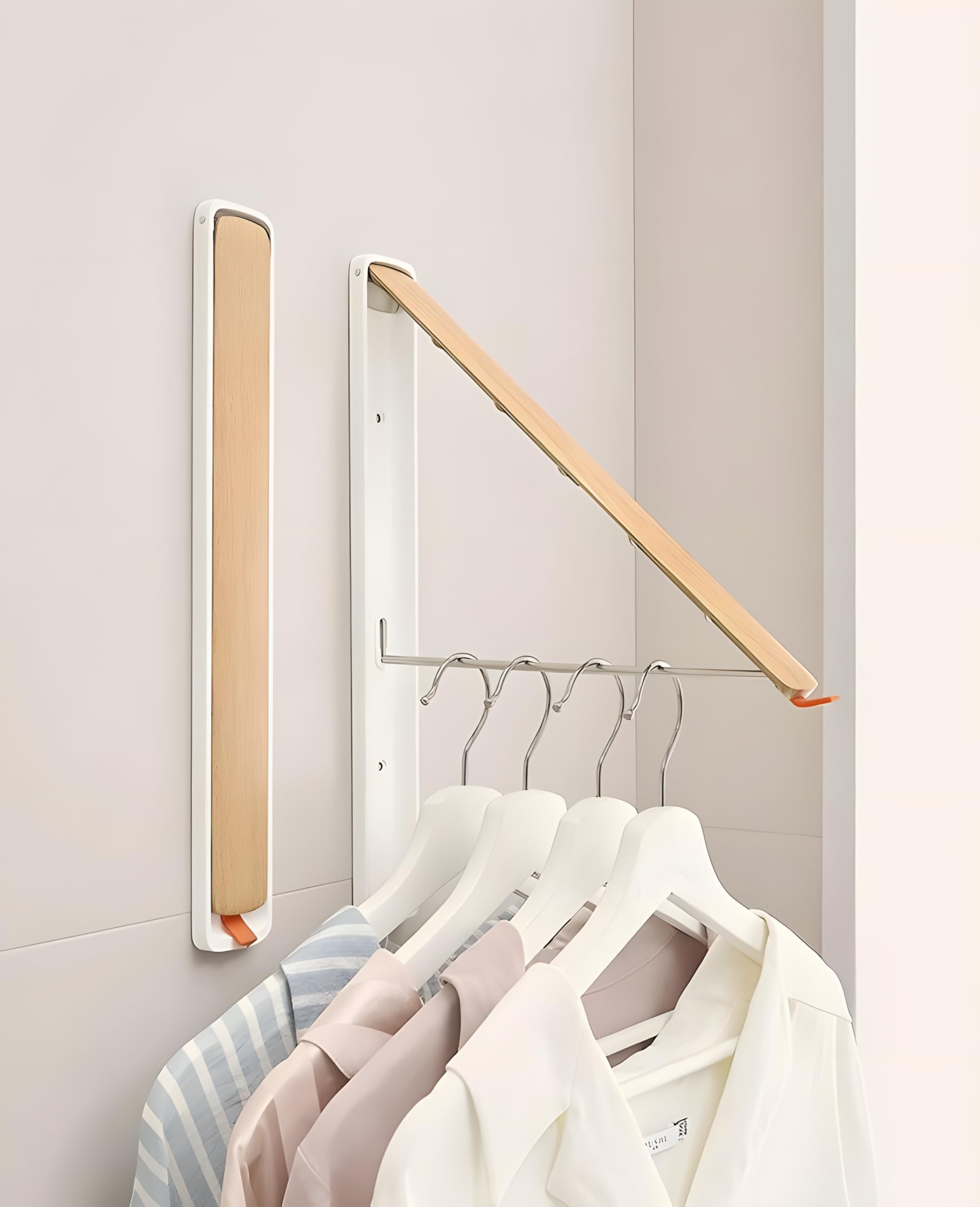 Klappbare Kleiderstange Wandmontage Aluminium – Ausziehbare Garderobe Kleiderhaken, Platzsparend, Modernes Design in Walnuss-Optik oder Buche-Optik (Weiß)