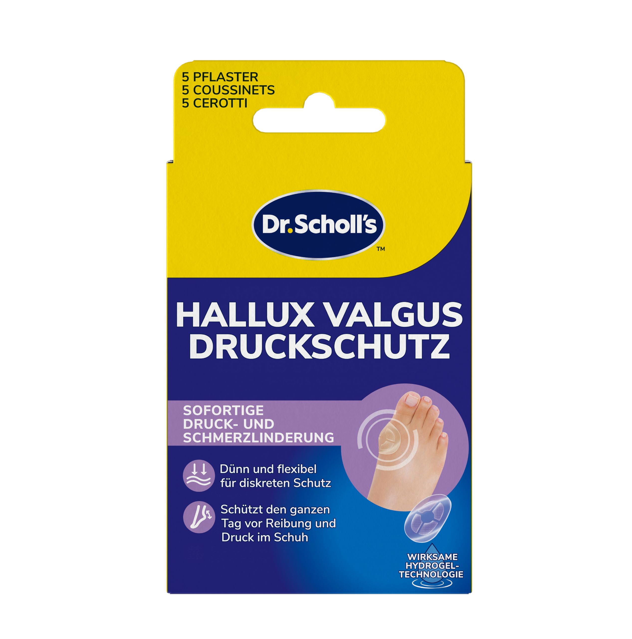 Dr. Scholl’s Hallux-Valgus Druckschutz mit Hydrogel Technologie, 5 Stück, Sofortige und ganztägige Schmerzlinderung bei Hallux-Valugus, schützt vor Reibung und Druck durch Schuhe, dünn und flexibel