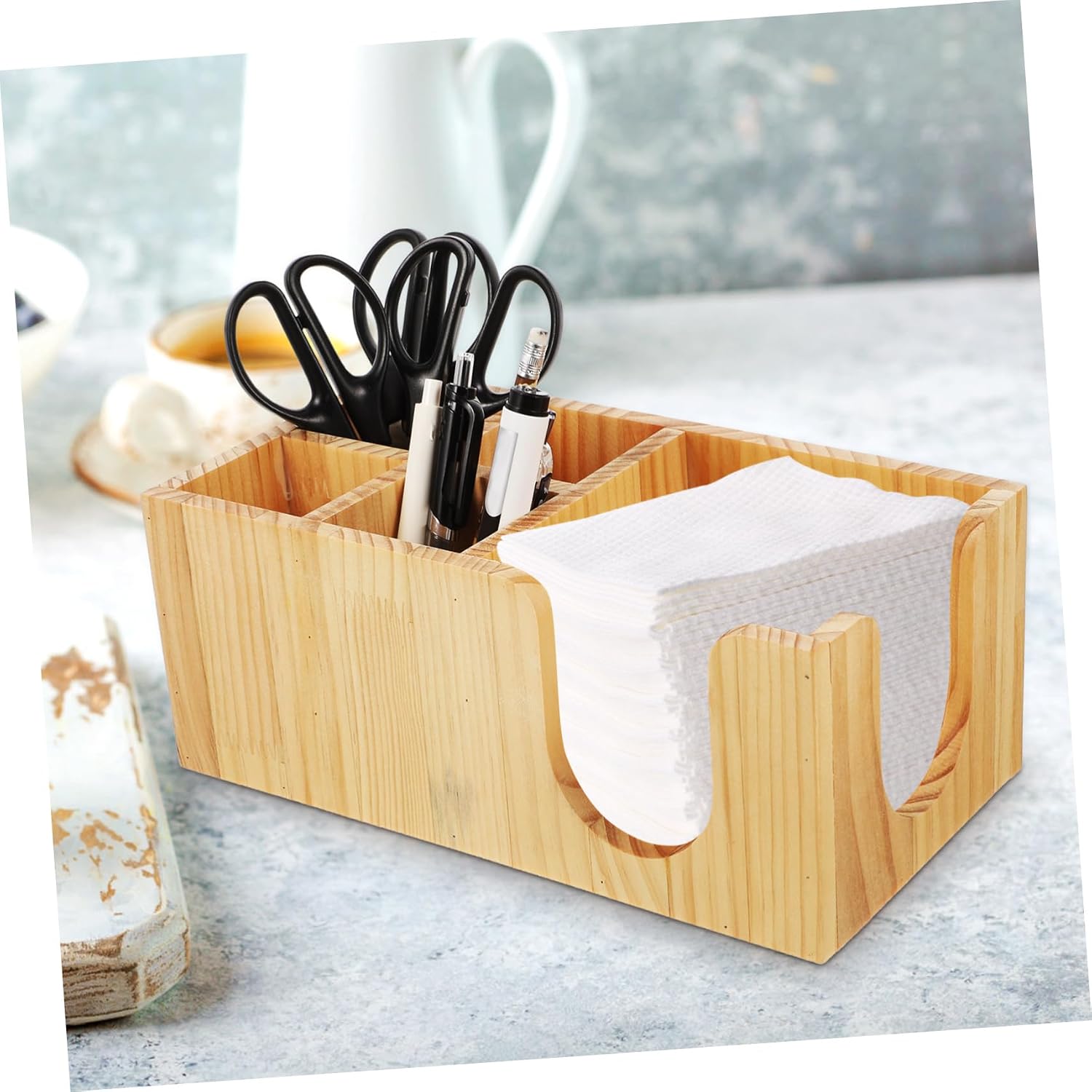 VOSAREA Wooden Coffee Bar Organizer 5 Compartments for Cups Straws and Napkins – Home Kitchen Condiment Storage Rack for Coffee Shops and Tea Houses