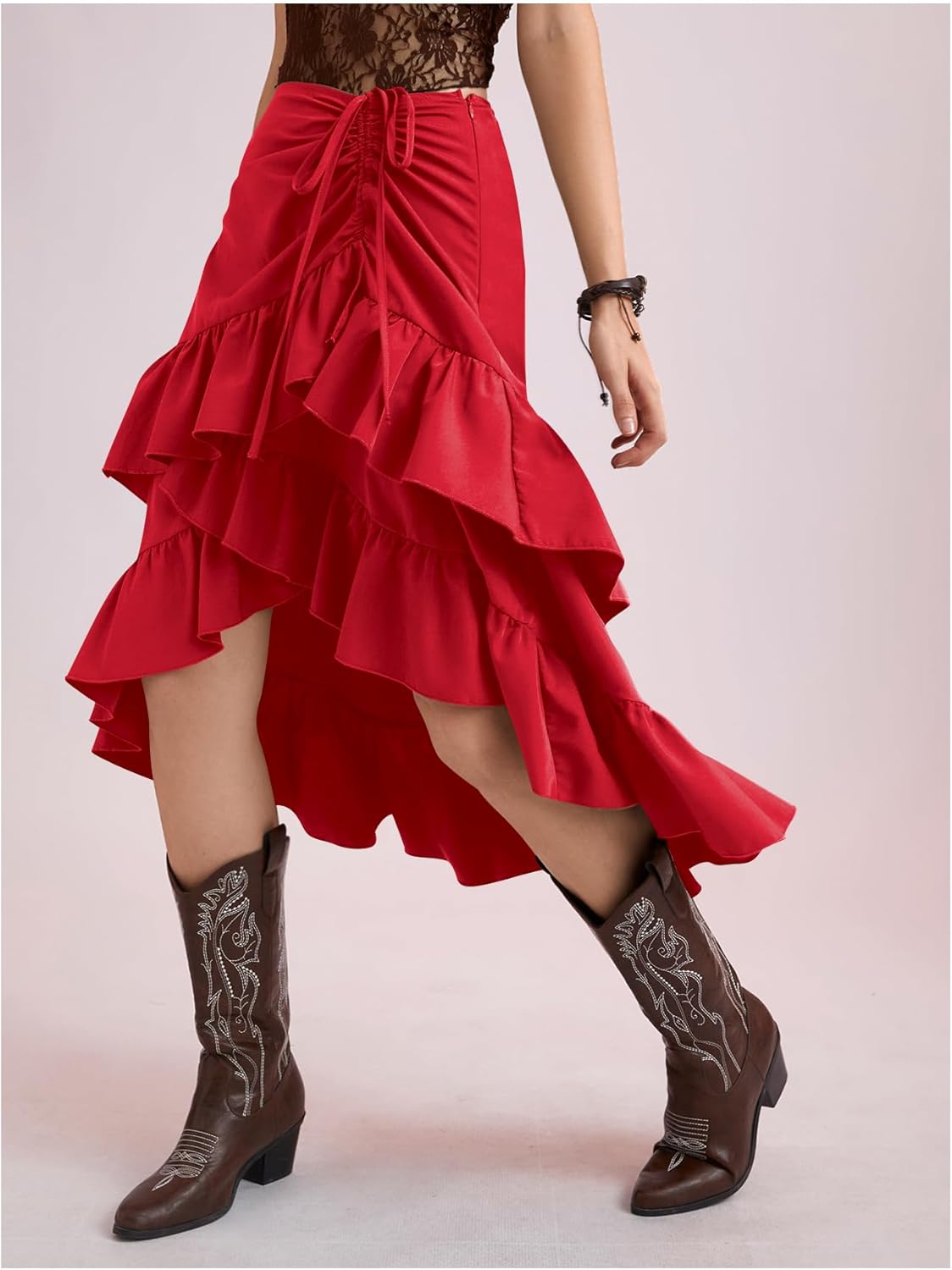 MakeMeChic Women's Asymmetrical Ruffle Wrap Midi Skirts Western Cowgirl Skirts Flowy Drawstring High Low Skirts