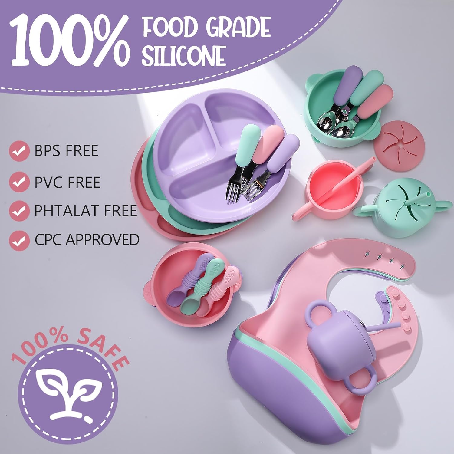 Yinder 24 Pack Silicone Baby Feeding Set Baby Led Weaning Essentials Suction Divided Plate Bowl Spoon Fork Adjustable Bib Snack Cup Straw for 6+ Months(Pink, Purple, Mint Green)