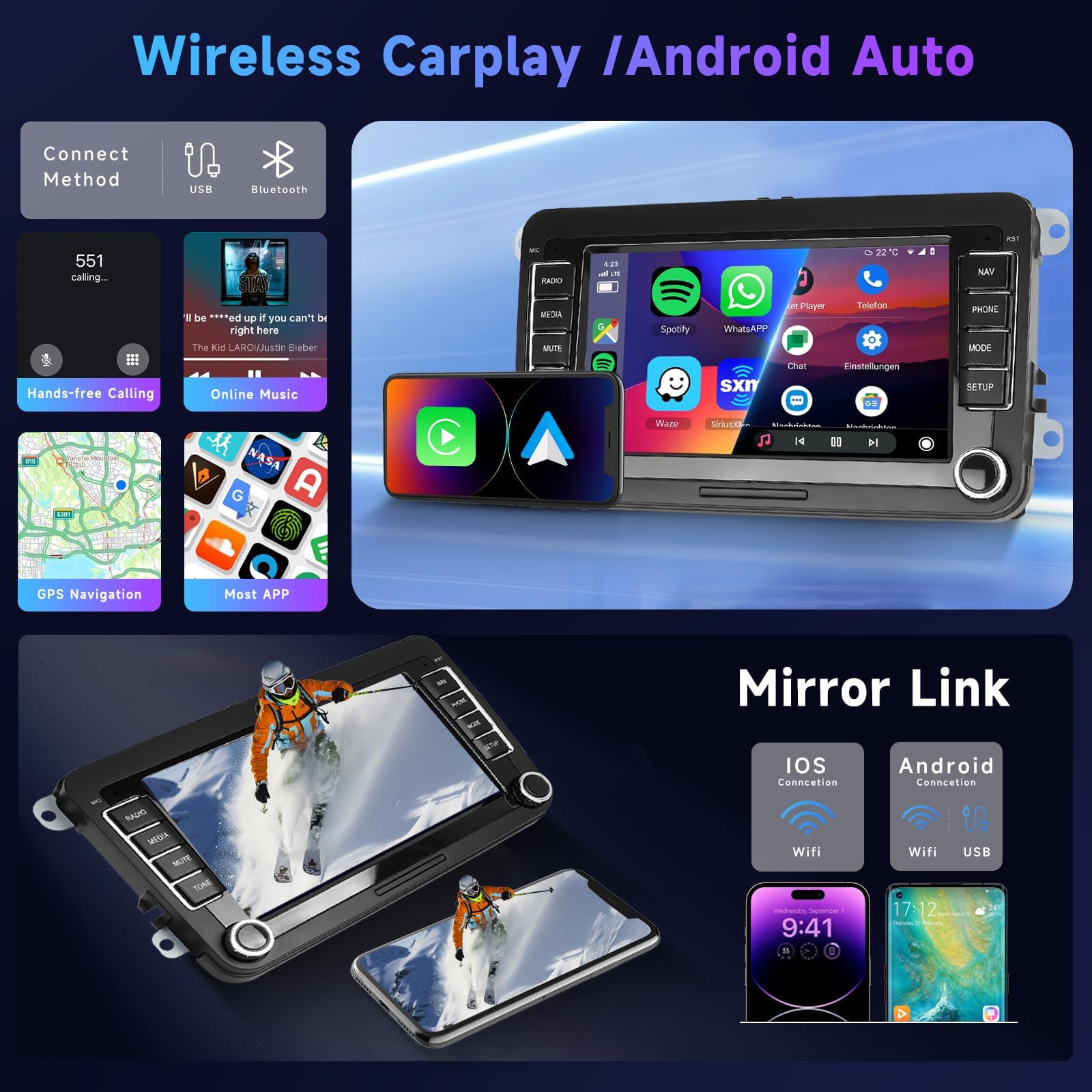 4G & 64G Autoradio 7" Bluetooth pour VW Golf 5 6 Polo Passat Skoda Touran Seat Carplay sans Fil Android Auto, WiFi GPS Navi HiFi RDS/Radio FM 2 DIN avec caméra de recul AHD/DVR/Canbus