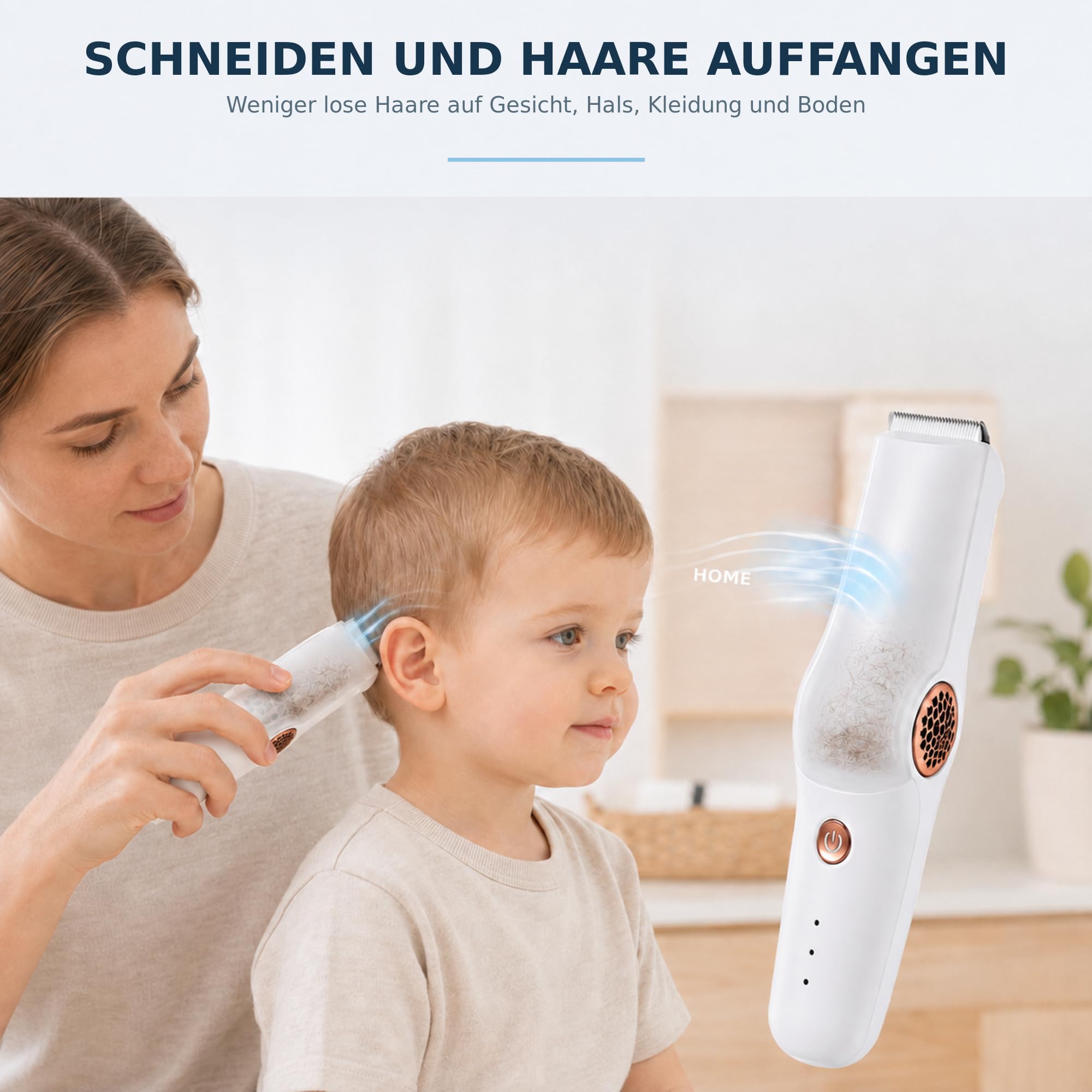 HOME Baby Haarschneider mit Absaugfunktion, Leise Kinder Haarschneidemaschine IPX7 Wasserdicht, 3 Geschwindigkeiten, Keramikklinge mit Abgerundeten Kanten, USB-C, 3 Führungskämme