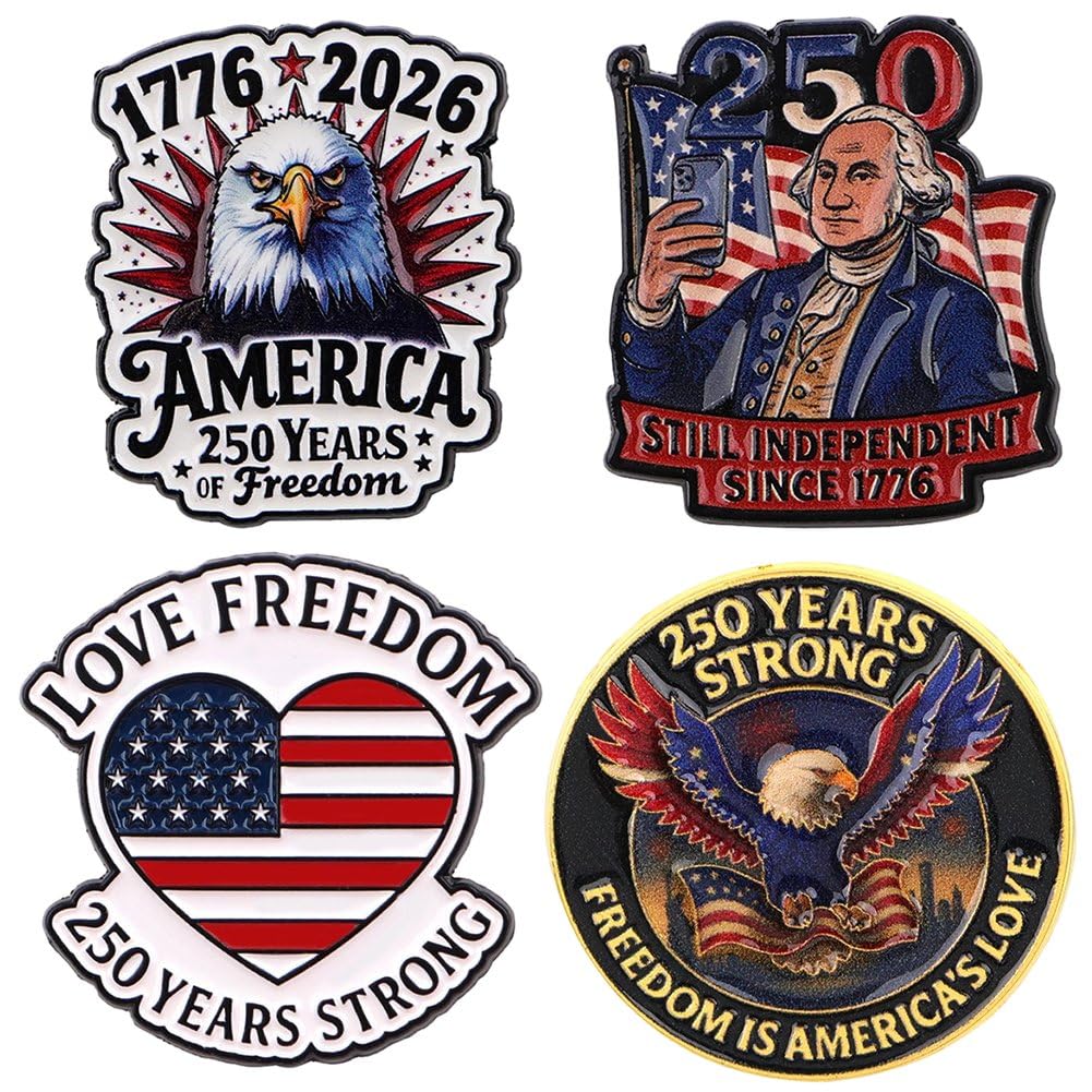 Fituenly 4 Pcs Usa 250th Anniversary Brooch Pins, 1776-2026 Celebration Patriotic Badge Lapel Pin Jewelry Gifts for 4th of July Independence Day