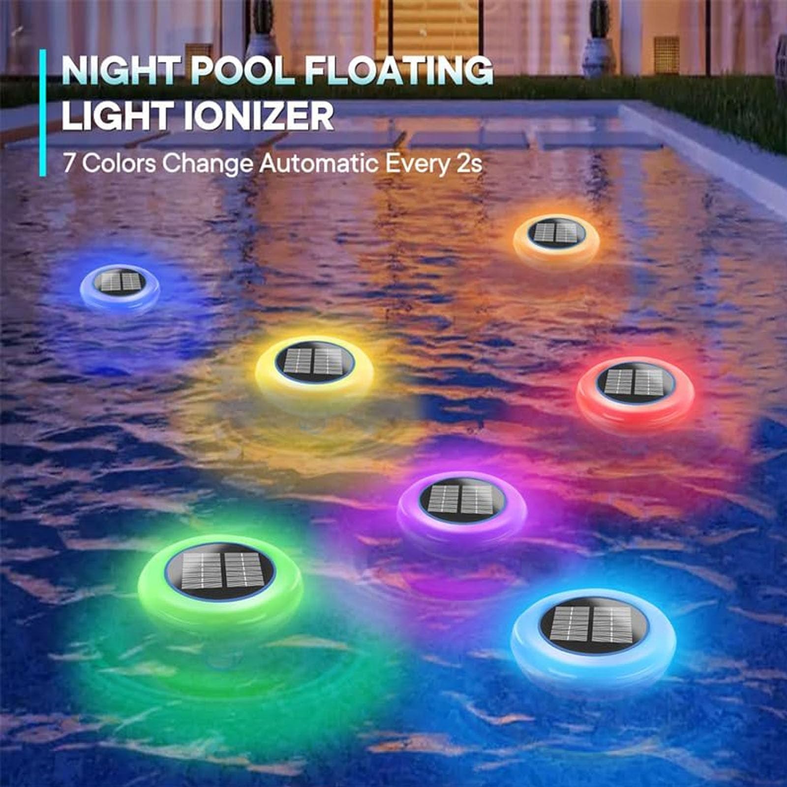 Ionizzatore solare per piscina, ionizzatore a LED in rame a 7 colori, detergente ad energia solare per piscine, fino a 85000 l, prestazioni stabili e nucleo in rame resistente, per piscine fuori terra