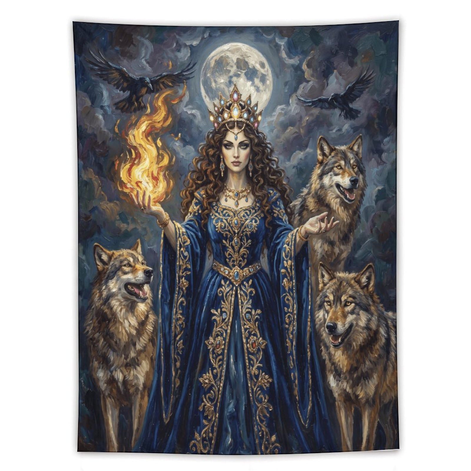 W7C8U2X3 Wolf Goddess Blue Robe Wall Tapestry, Realistic Illustration
