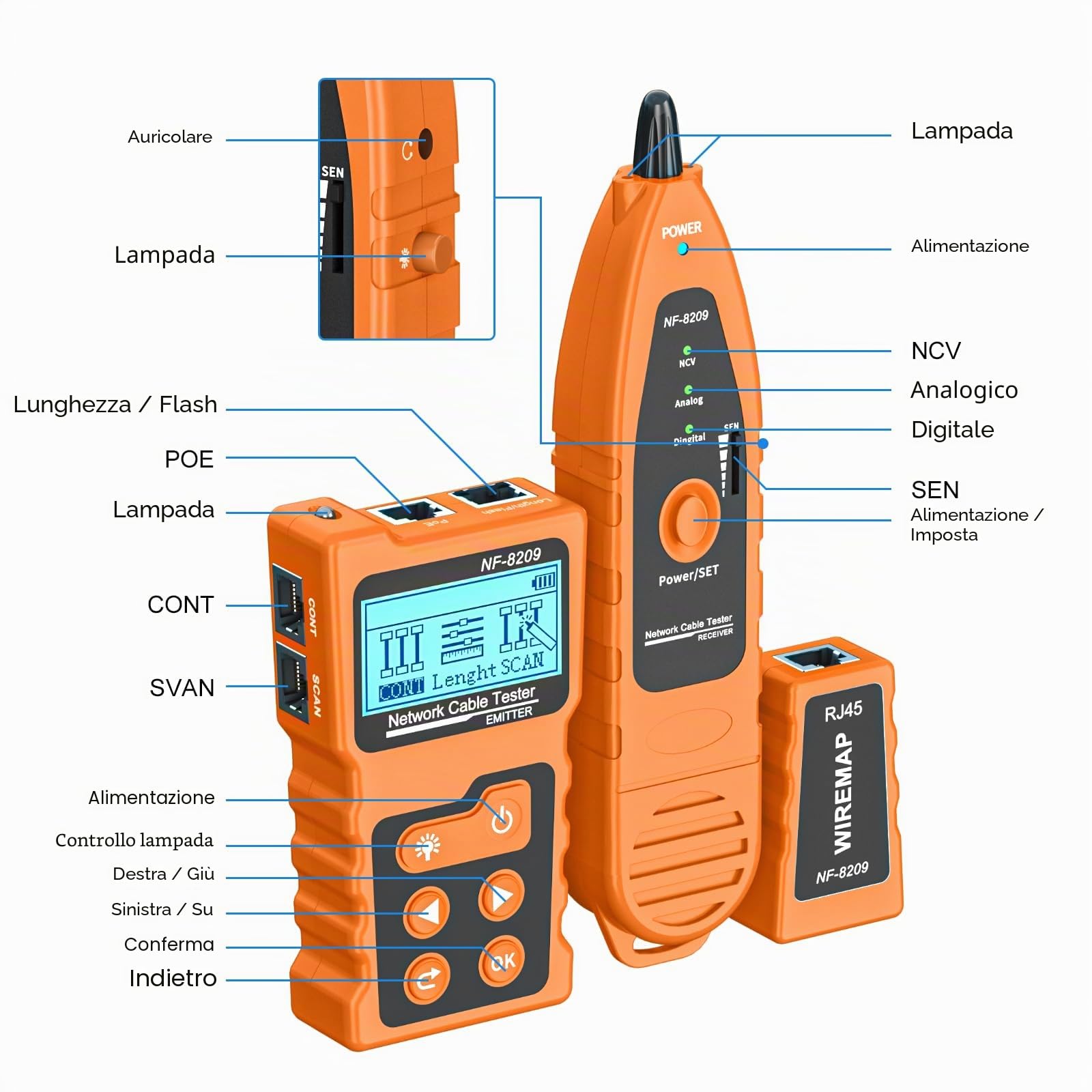 Tester per cavi con PoE Multifunzione, mappatura cavi, test di cavi di rete, NF-8209 con cavo LAN LCD senza contatto, PoE per Cat5 Cat6 strumento trovacavi per linee sotterranee, telefono