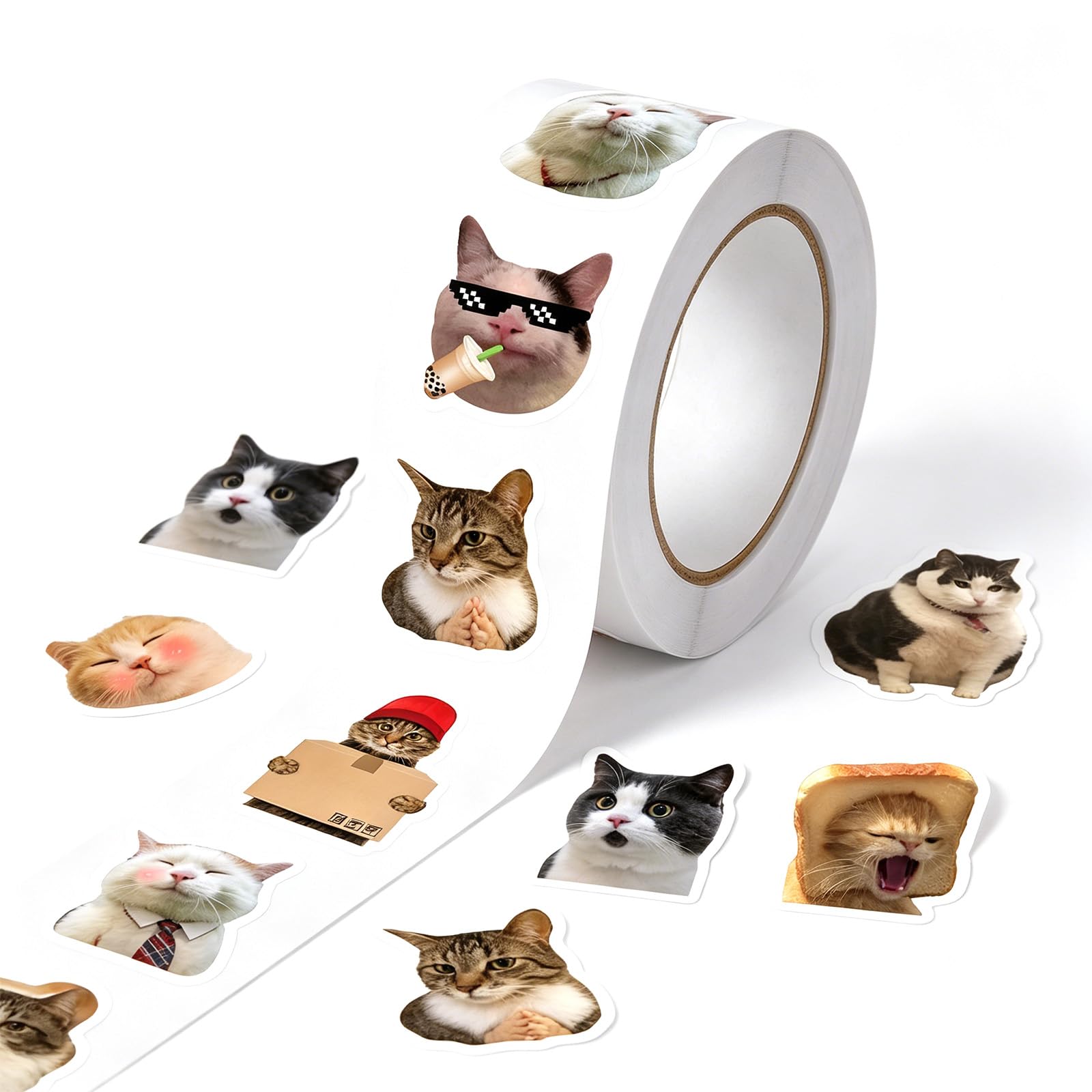 KIPTVO 500PCS Cat Stickers Meme Roll, Funny Kawaii Sticker for Bottles, Journals and DIY Crafts, Cute Laptop Sticker Pack, Small Cool Styles, Cat Meme Stickers Collection