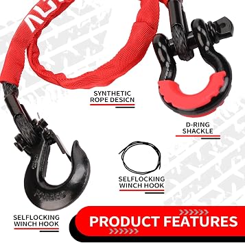 4FT UTV ATV Recovery Strap 19400LBS with Winch Hook and D-Ring Shackle, Synthetic Tow Rope Premium Mudding Accessories